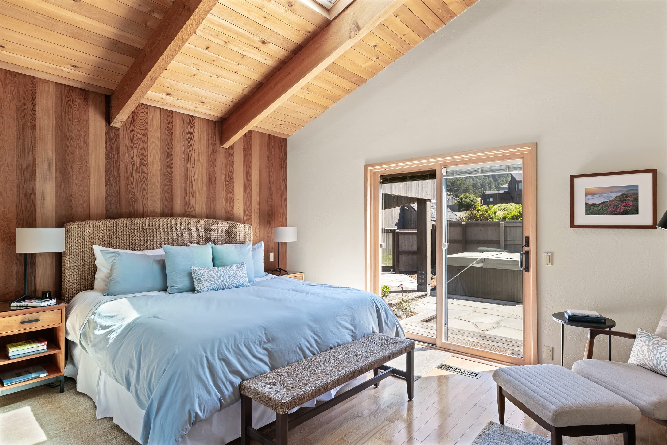 "The beds and linens were exceptionally comfortable and clean" This restful bedroom has direct access to the private courtyard and hot tub for unhurried mornings and quiet evenings. 
