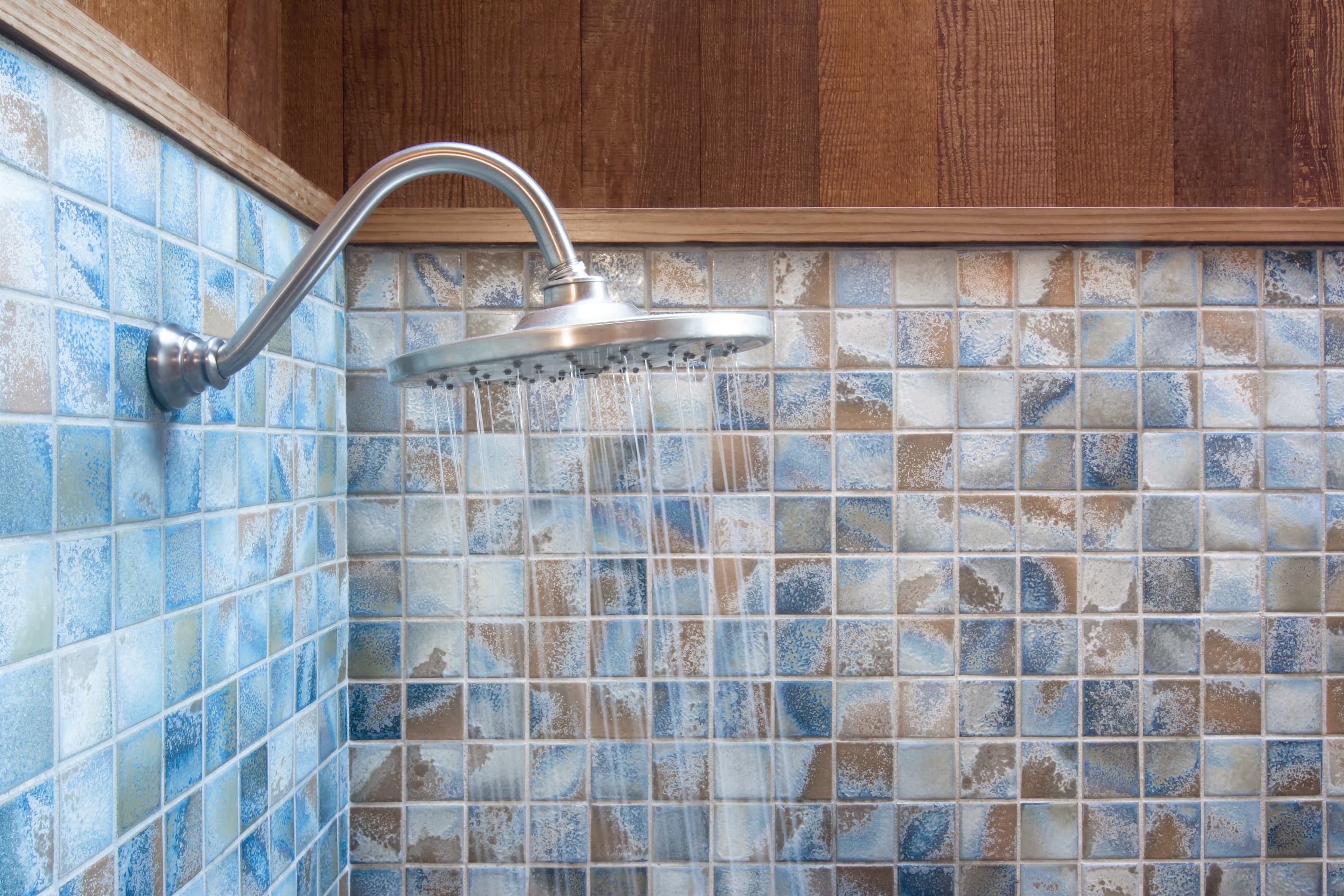 Ensuite Bath with soothing rain shower head in blue and brown tone tiled Roman tub & rain shower. A teak wood stool makes bathing luxurious.