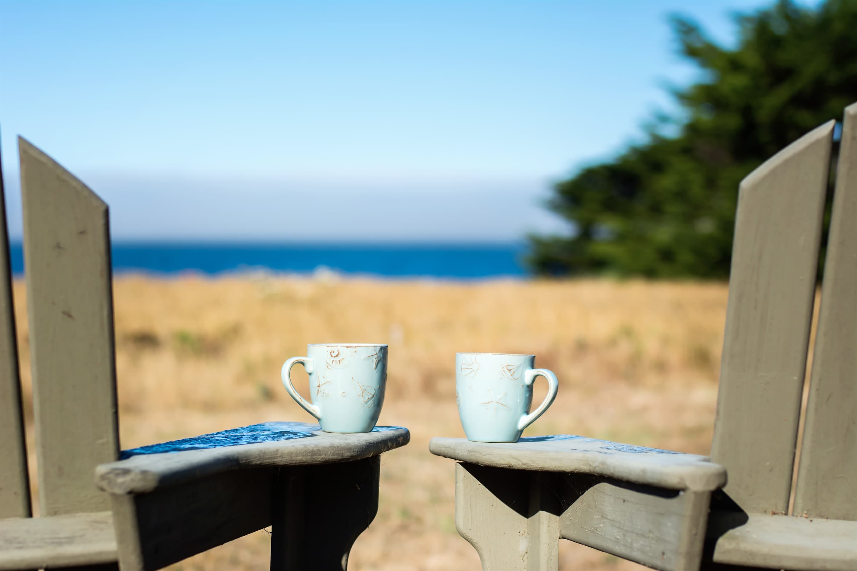 Morning serenity by the sea: Two coastal mugs rest on Adirondack chairs, inviting you to savor coffee with ocean views—an intimate moment of quiet luxury in nature’s embrace. 