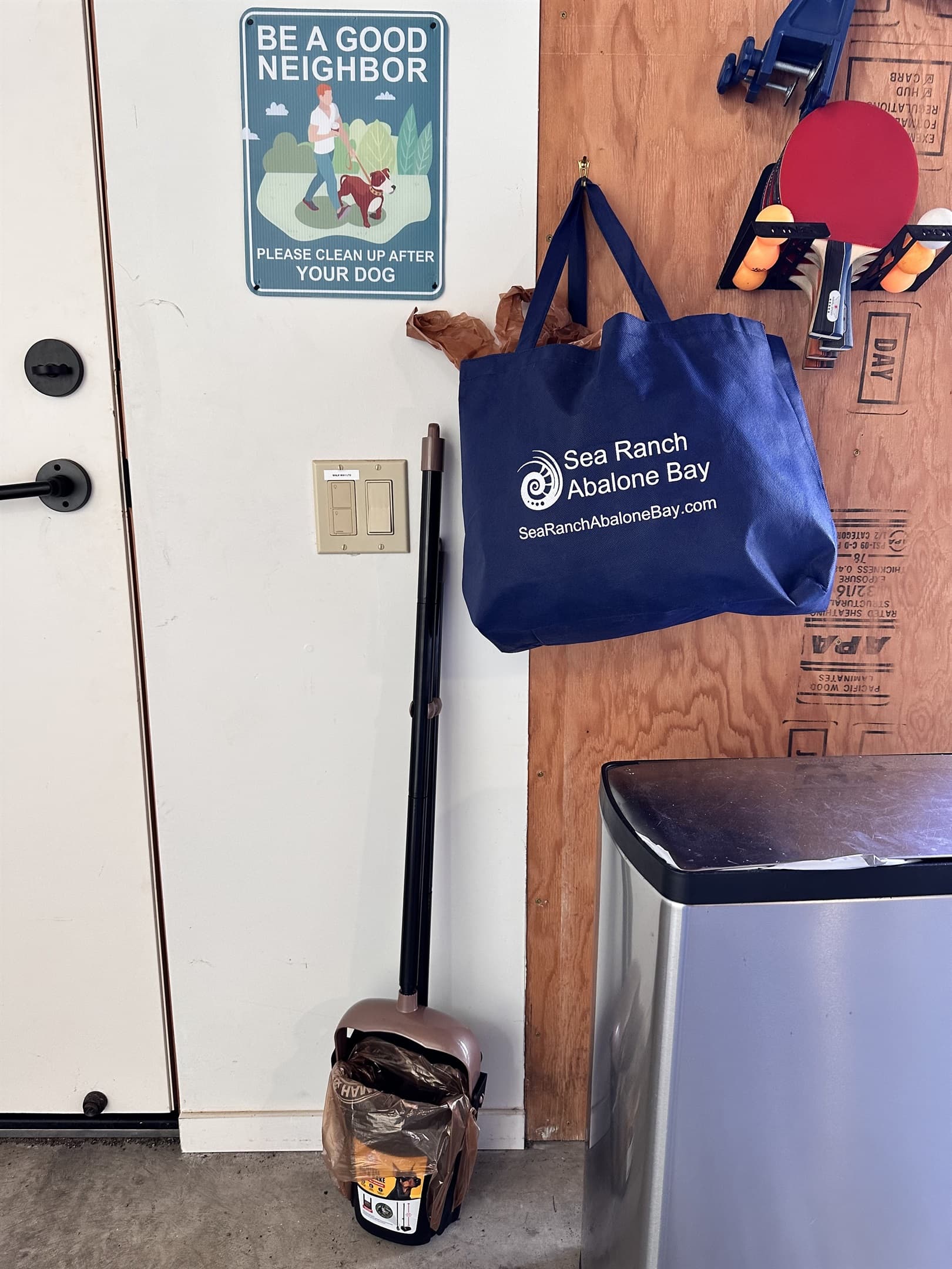 Pooper scooper and bags available, located in garage