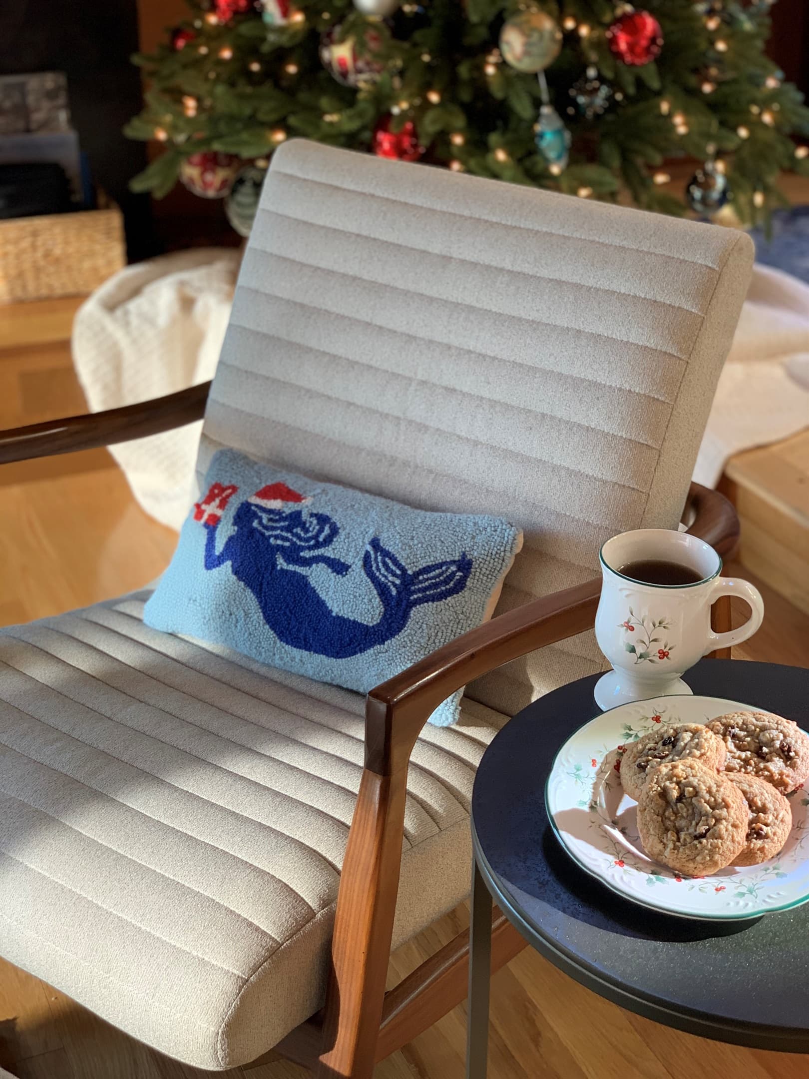 Holiday treats of coffee and cookies- some for you and some for Santa served up on holiday dishes