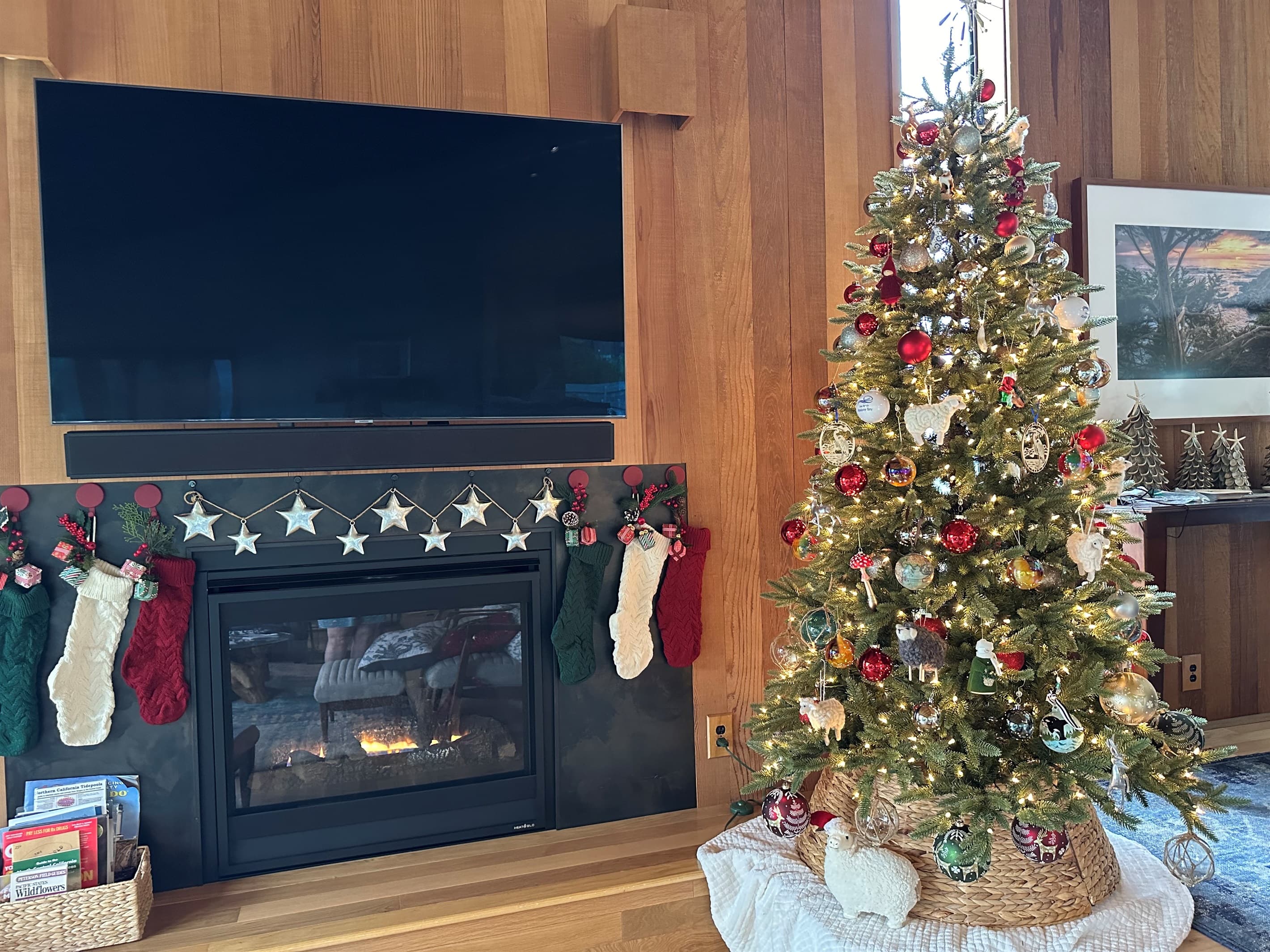 "We are at the house over Christmas and had a great time." Christmas decorations in living room.
