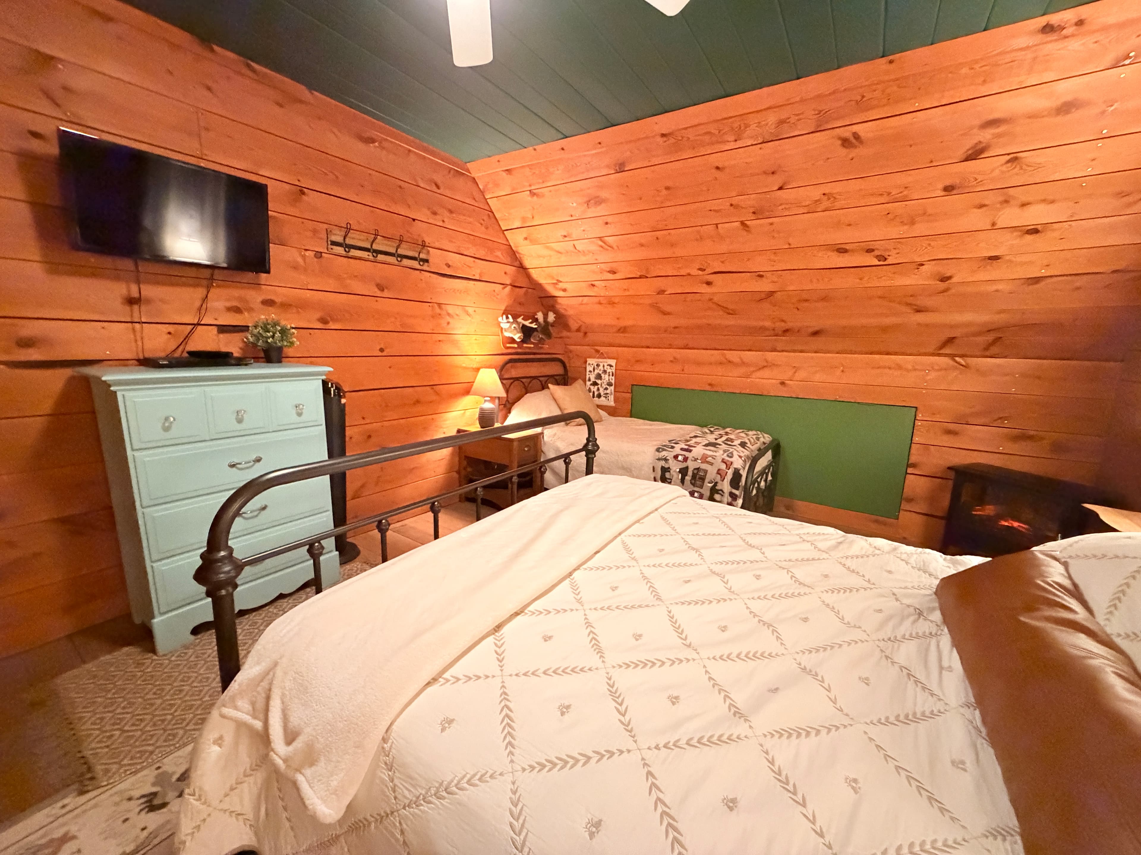 Large primary sweet with closet, dresser, and tv. 