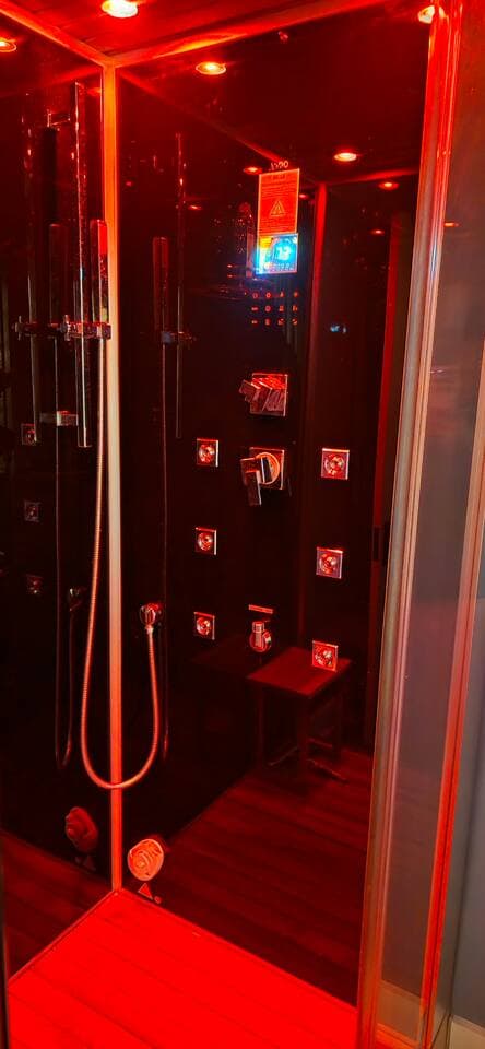 The fully renovated bathroom sports a  luxurious steam shower for a spa-like experience. 