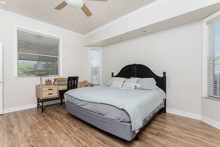 Get comfortable in the master bedroom. 