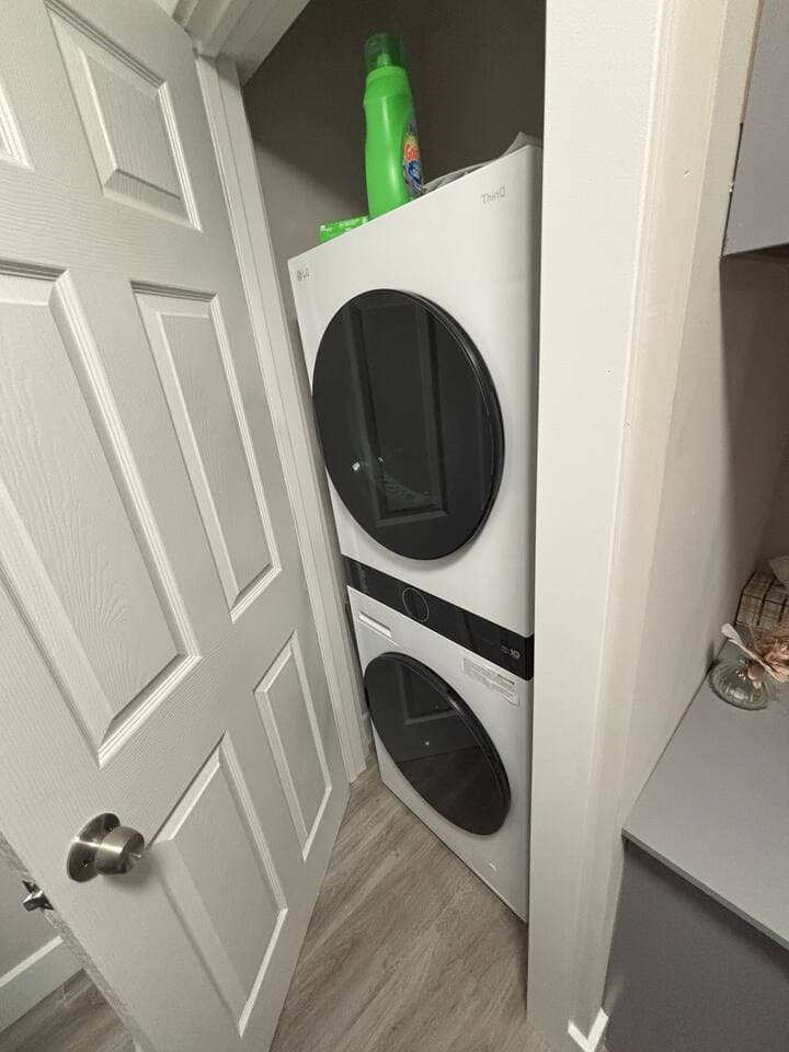 A stackable washer an dryer are available for your use during your stay.  You will find laundry detergent and dryer sheets as well.  