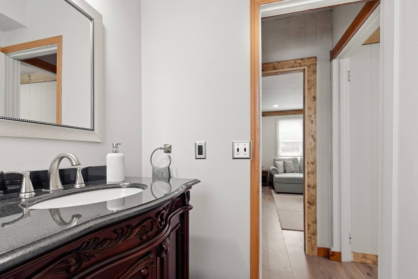 The newly renovated half bath is conveniently located on the first floor. 
