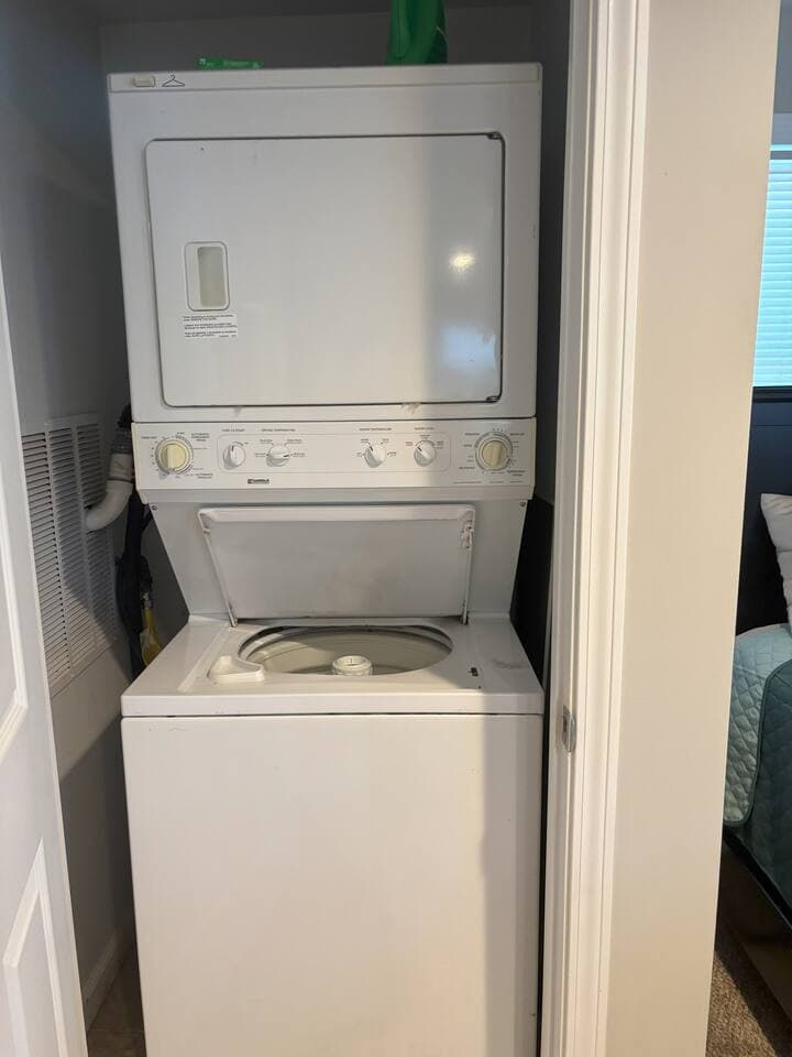 A convenient in-unit stackable washer and dryer are available for guest use, making it easy to freshen up clothes during longer stays. Laundry detergent is provided for your convenience.