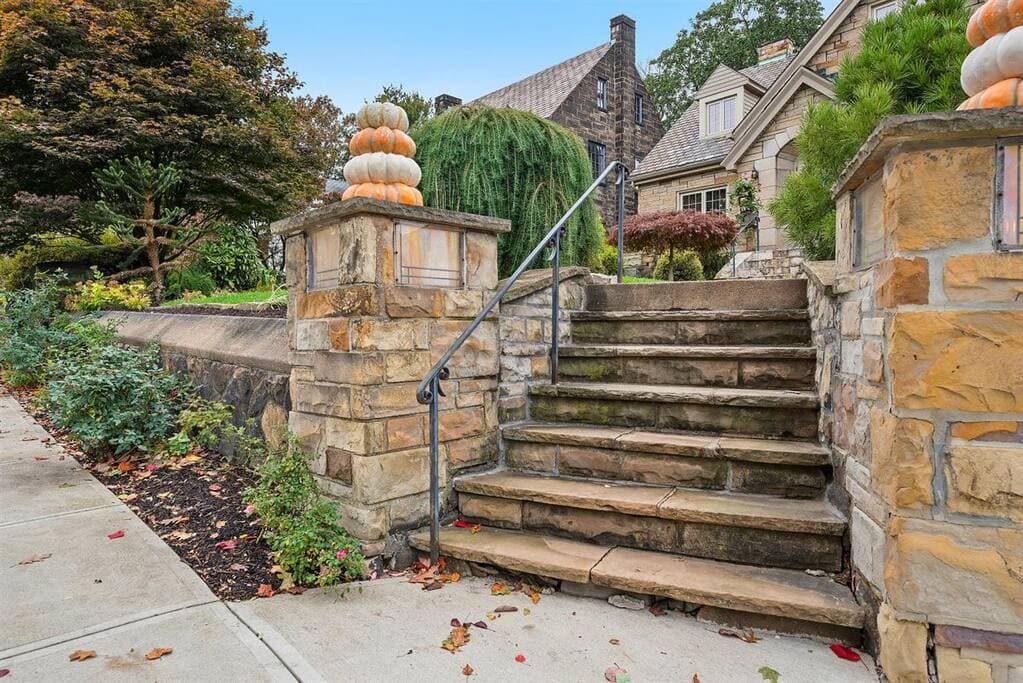 Admire the stone pillars to the entry steps