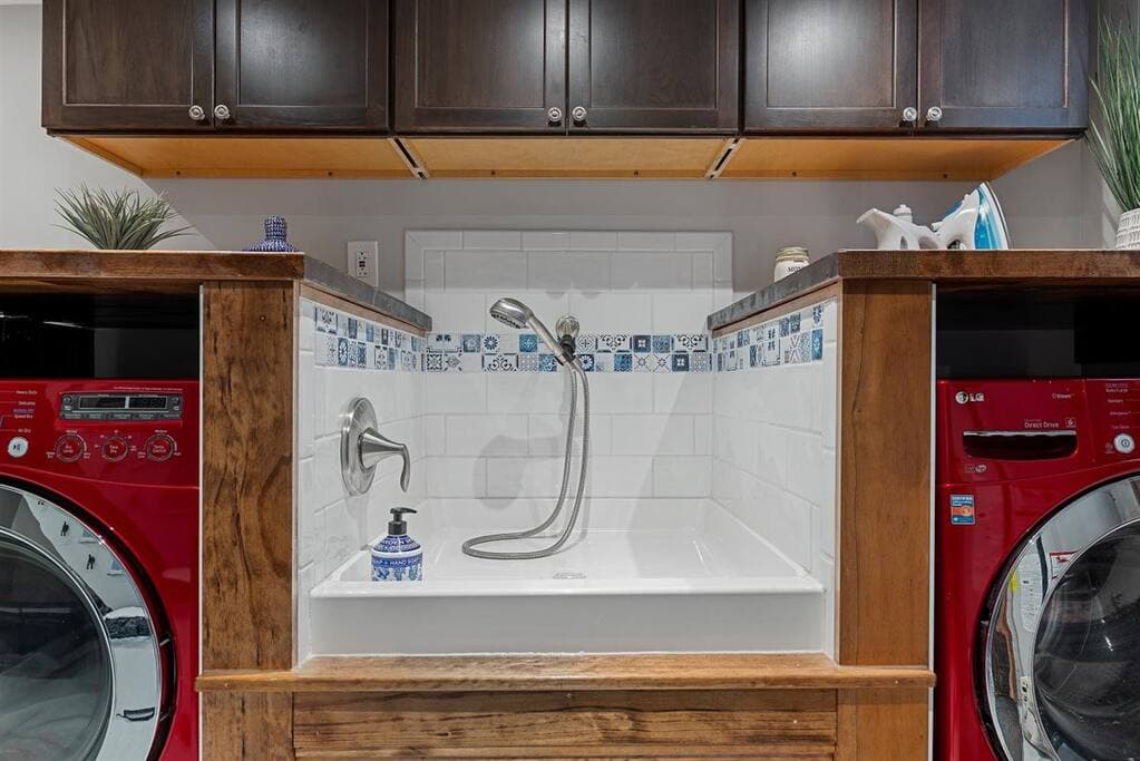 Laundry room with custom built dog washing station 
