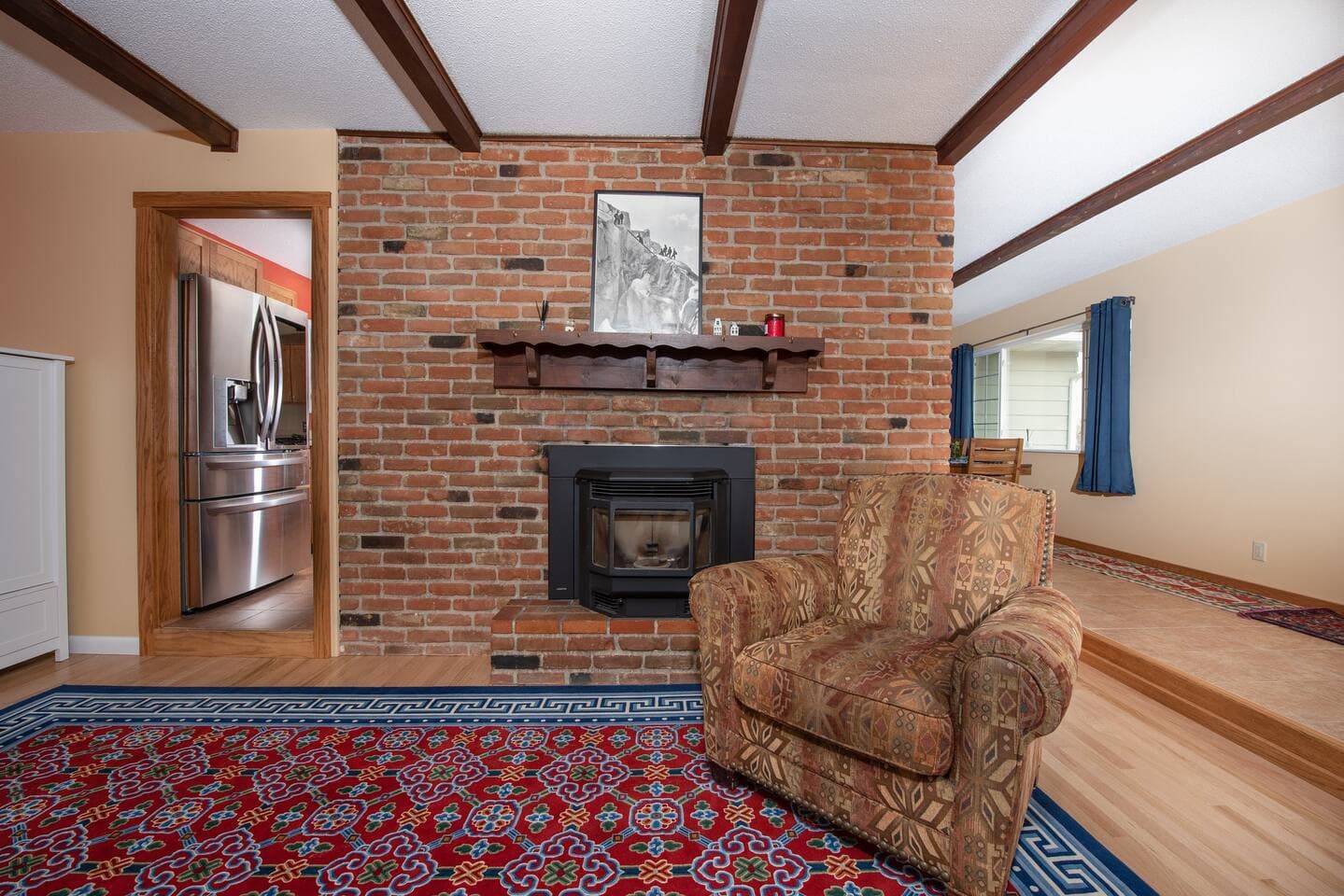 Warm up by this cozy pellet fireplace after a day spent exploring the wonders of Lander.