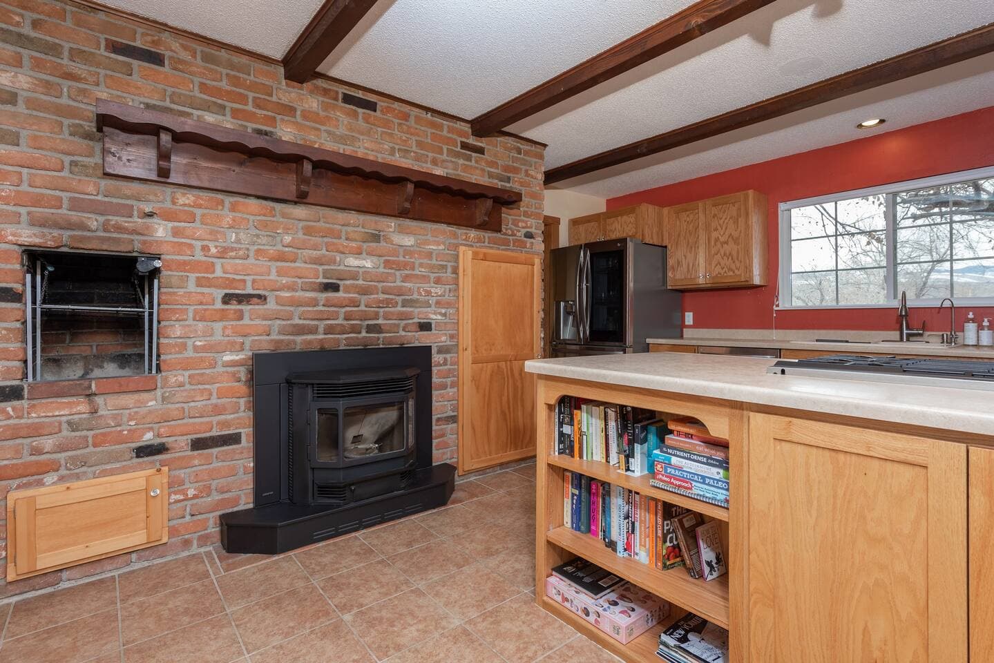 Two sided pellet fireplace that will not only warm you up but the entire home as well.