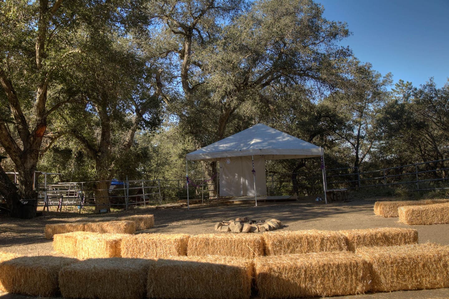 Corral area with haystack seating, fire ring and staging area