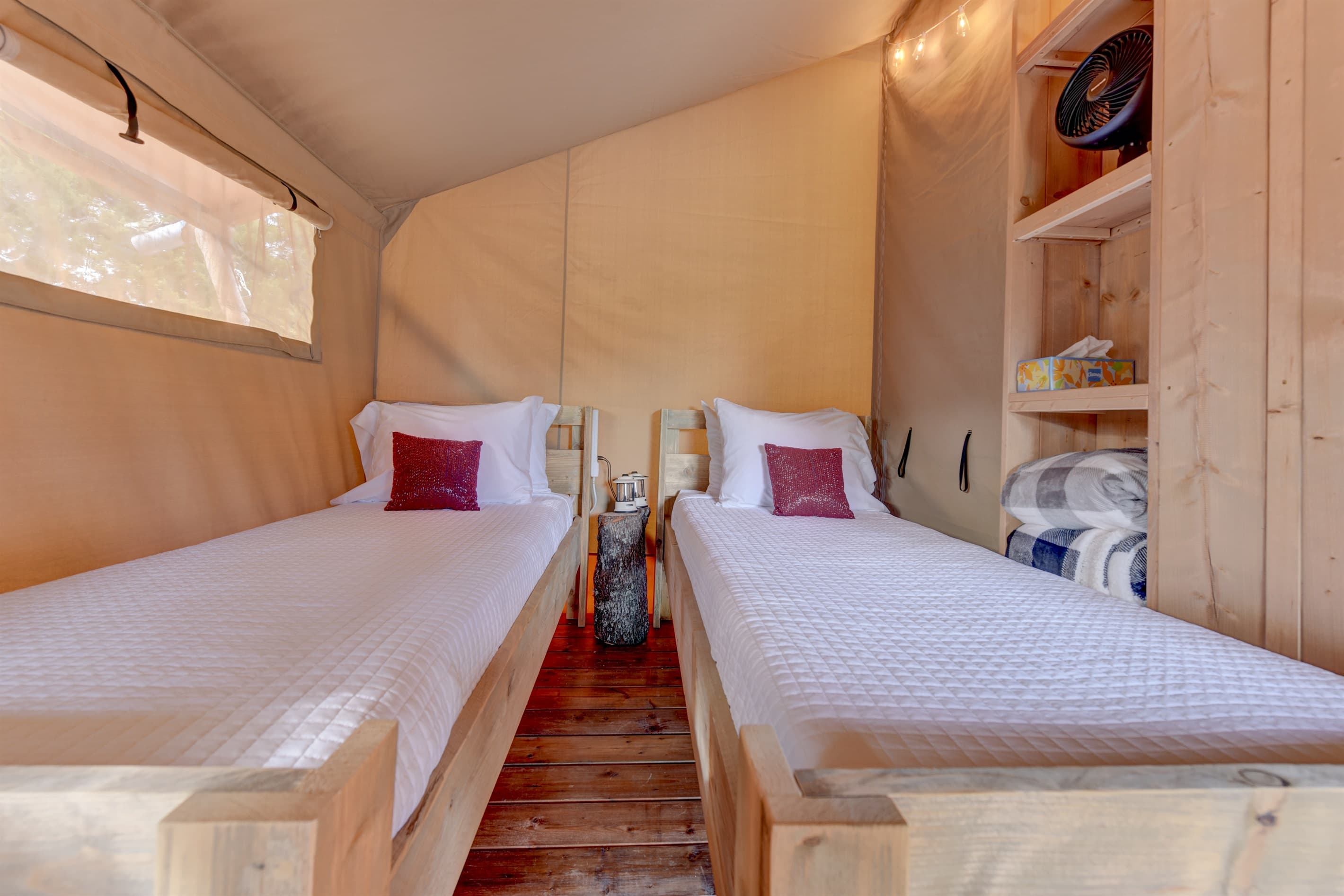 Interior of tents with 2 twin beds