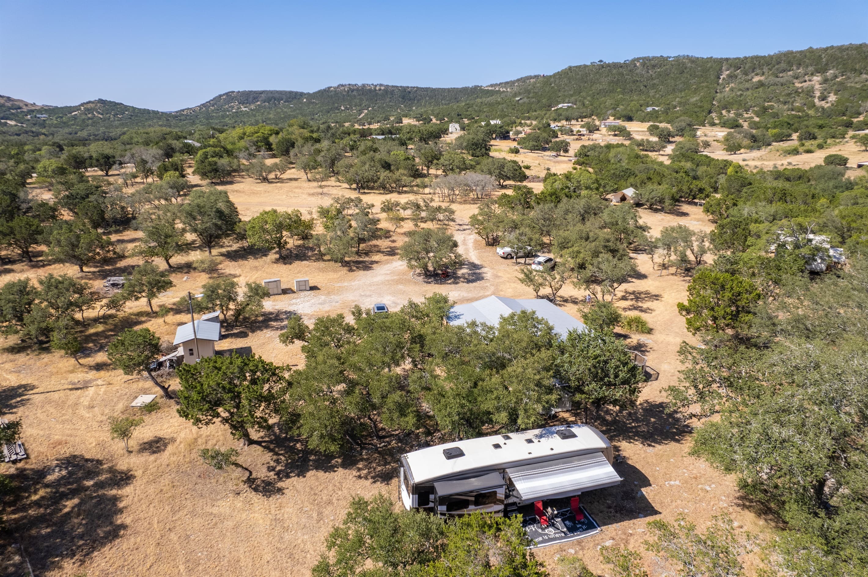 Aerial view of Twin Falls. There are glamping tents on-site
