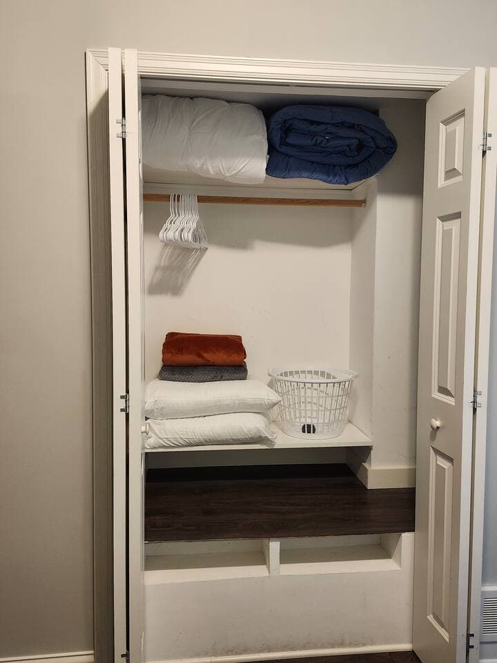 Closet with clothes iron.