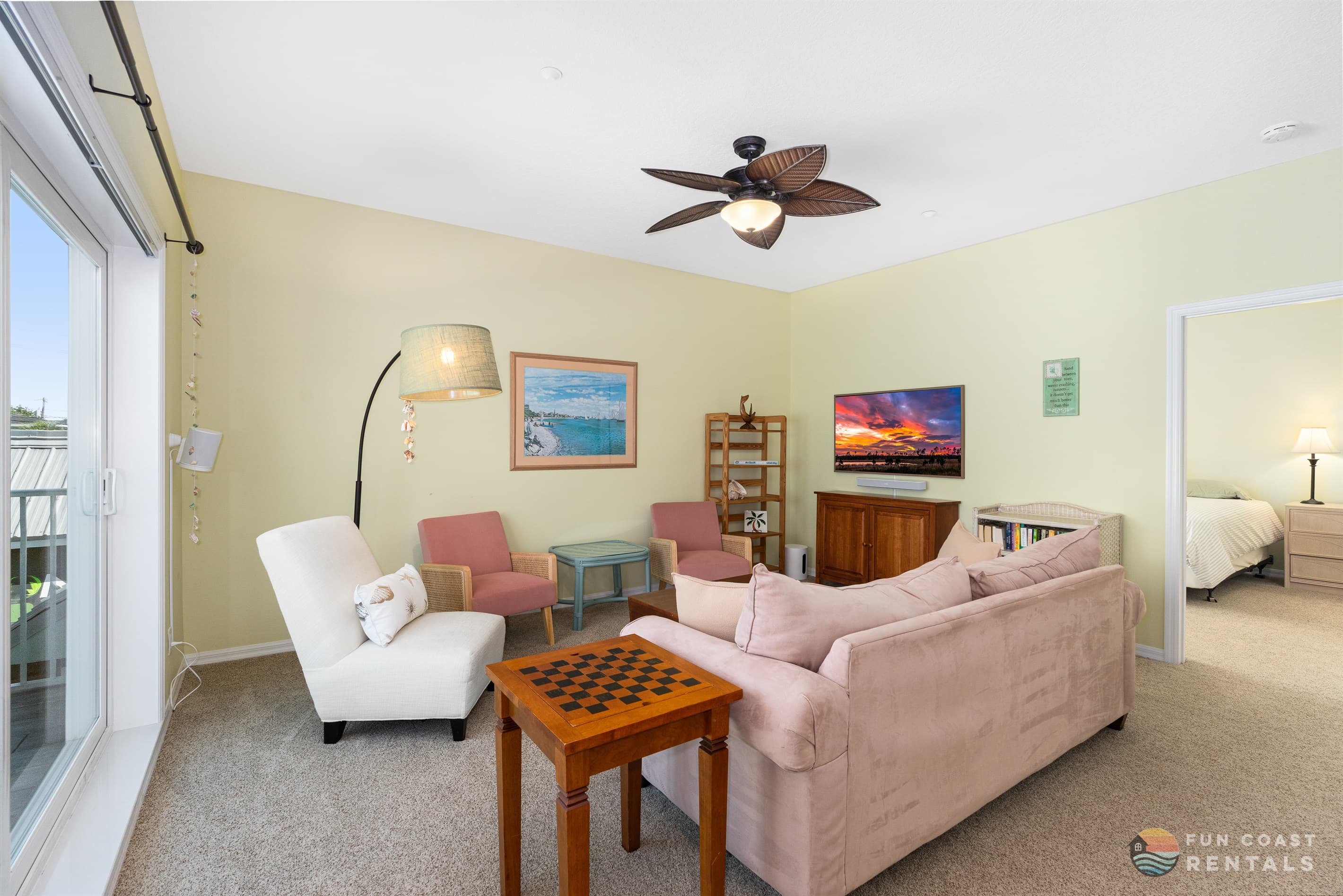 Living room area with 55" Smart TV and Sonos surround sound!