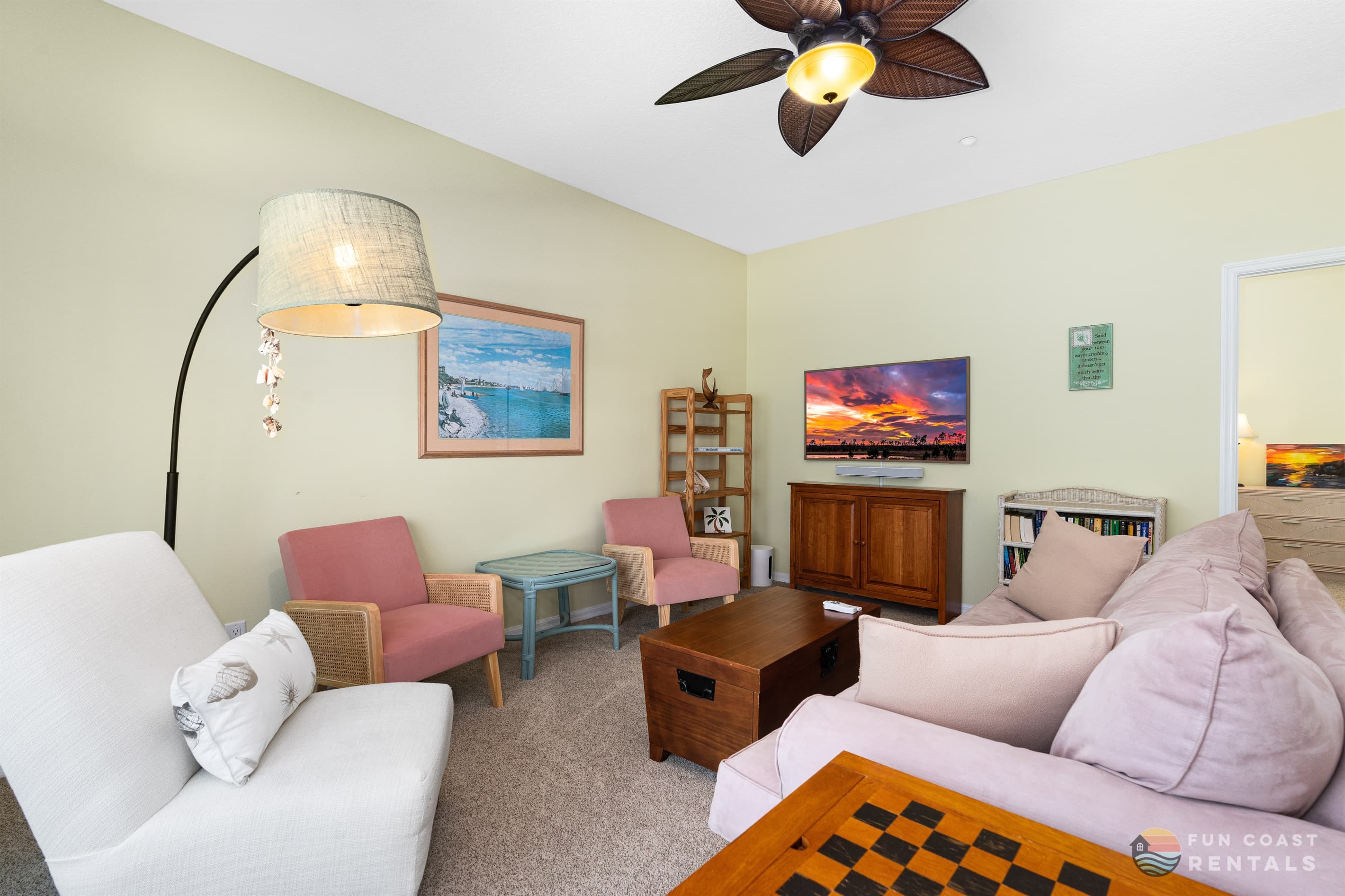 Spacious living room with ample seating and Smart TV