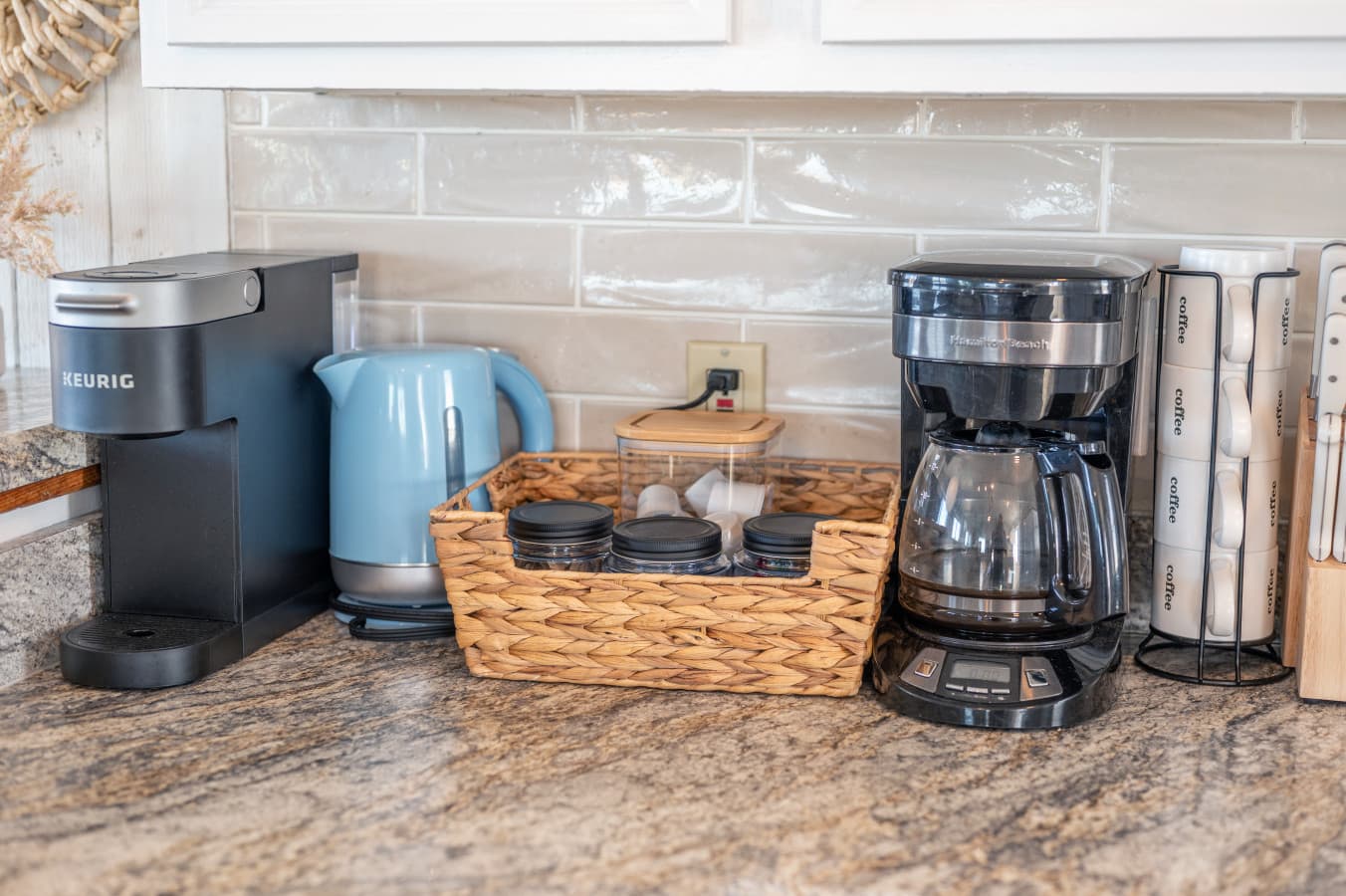 Coffee station w/ machine, kettle & welcome basket for easy mornings