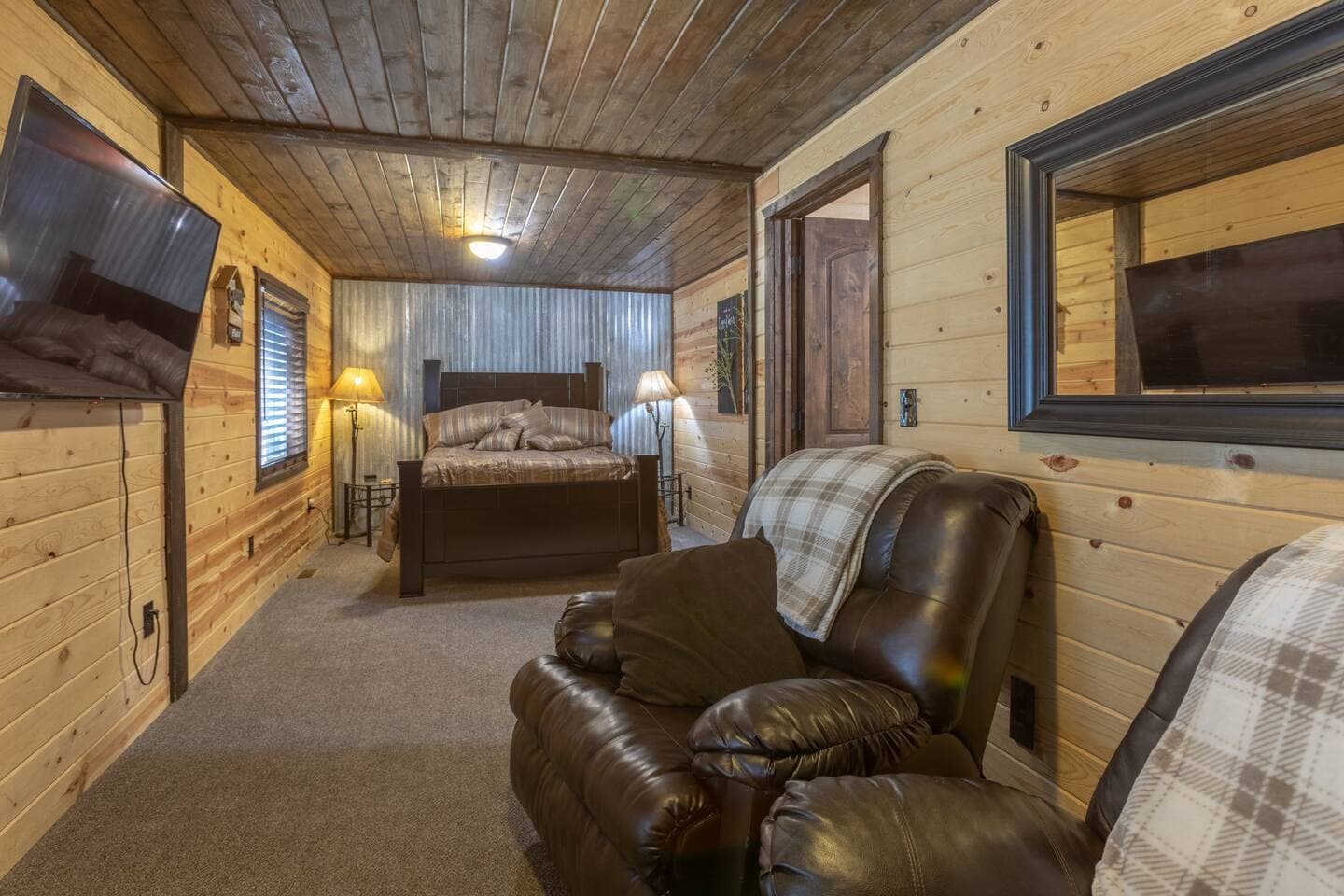 The primary bedroom is on the main level.  A bathroom is located next to it and can be closed off to make a private primary bathroom!