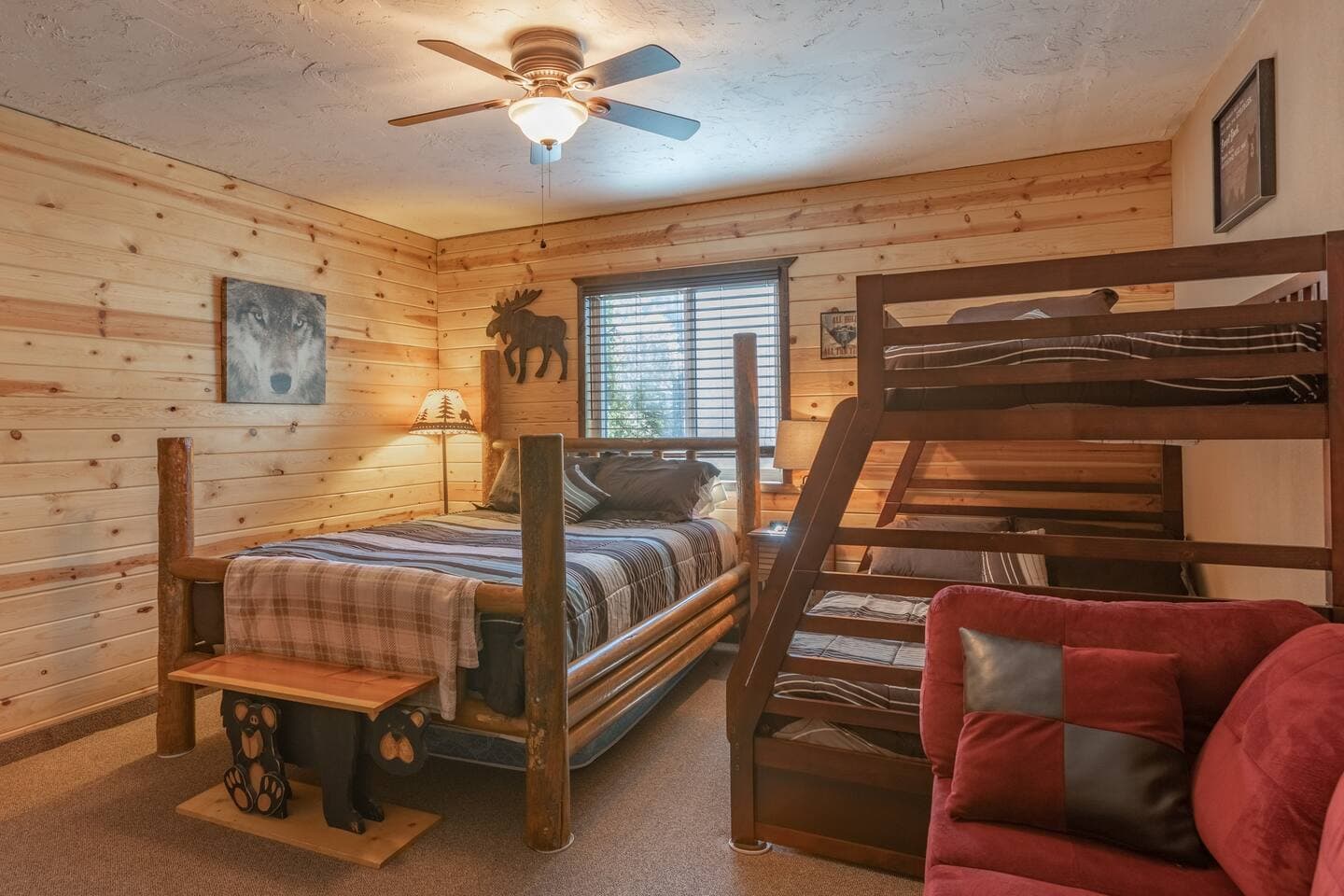 Bedroom 2: Queen bed and full-over-twin bunk beds with USB ports 