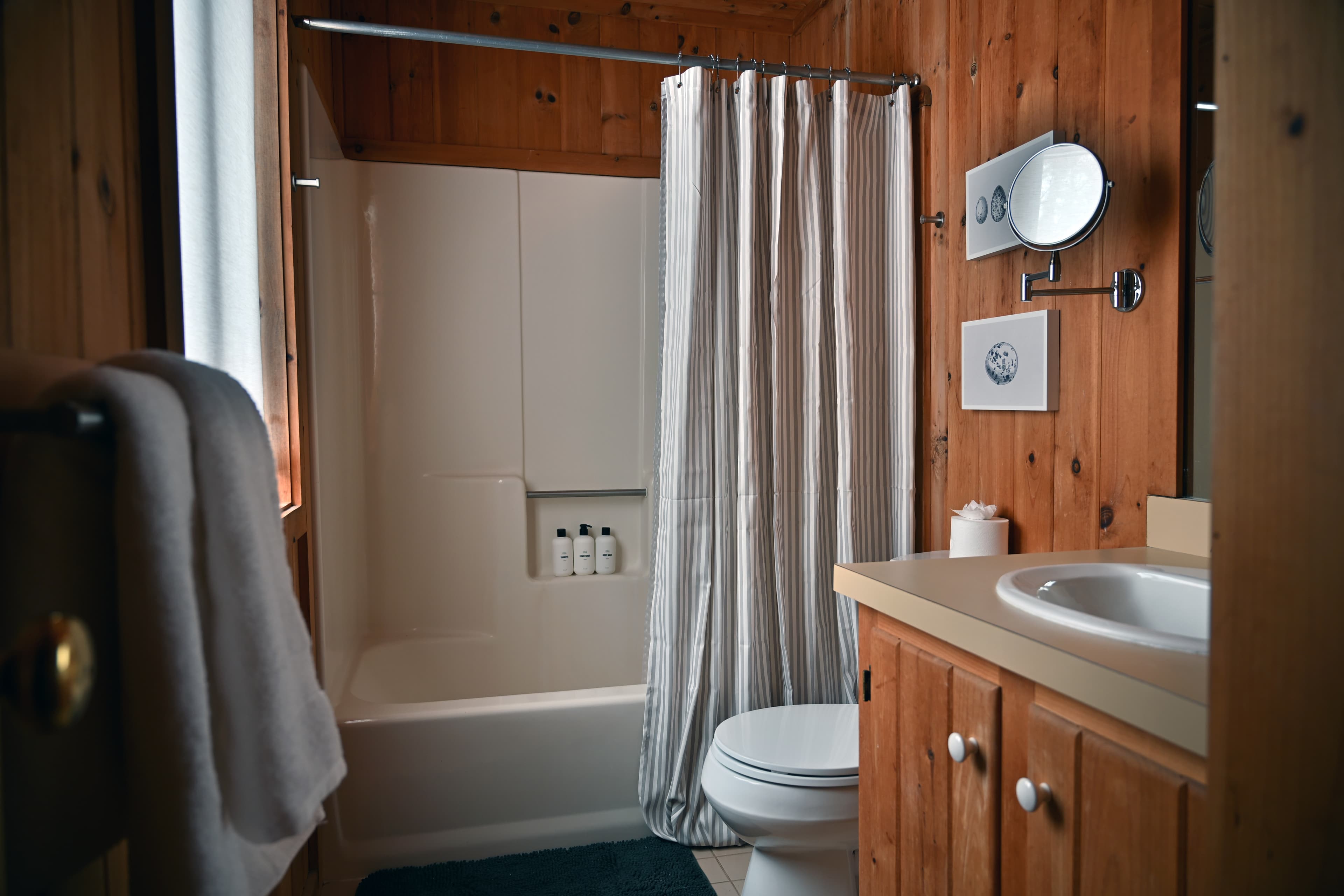 View of the downstairs "green and white" bathroom.