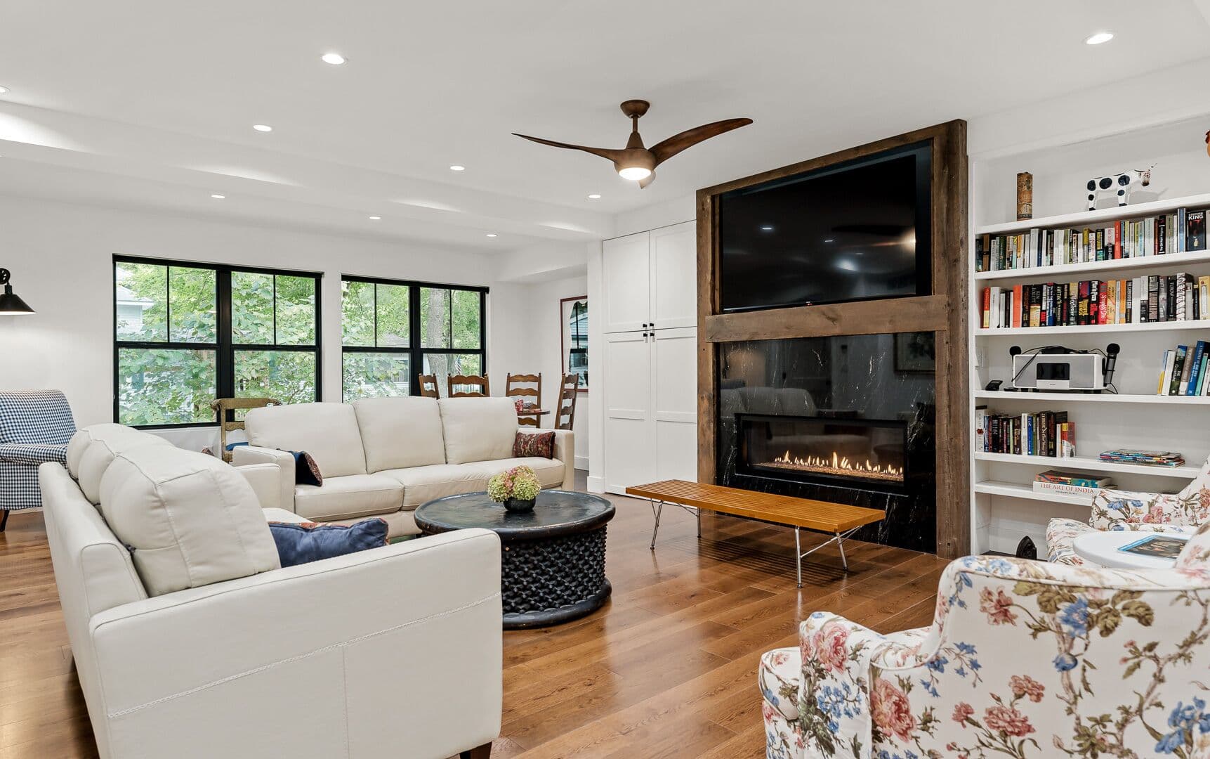 Spacious living room with fireplace and cozy seating