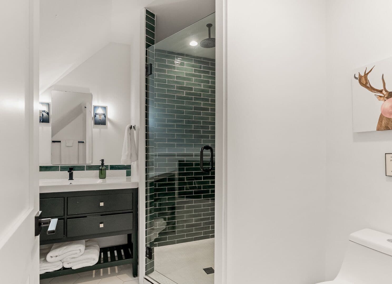 En suite bathroom to the green bedroom. The shower has a rainshower shower head.
