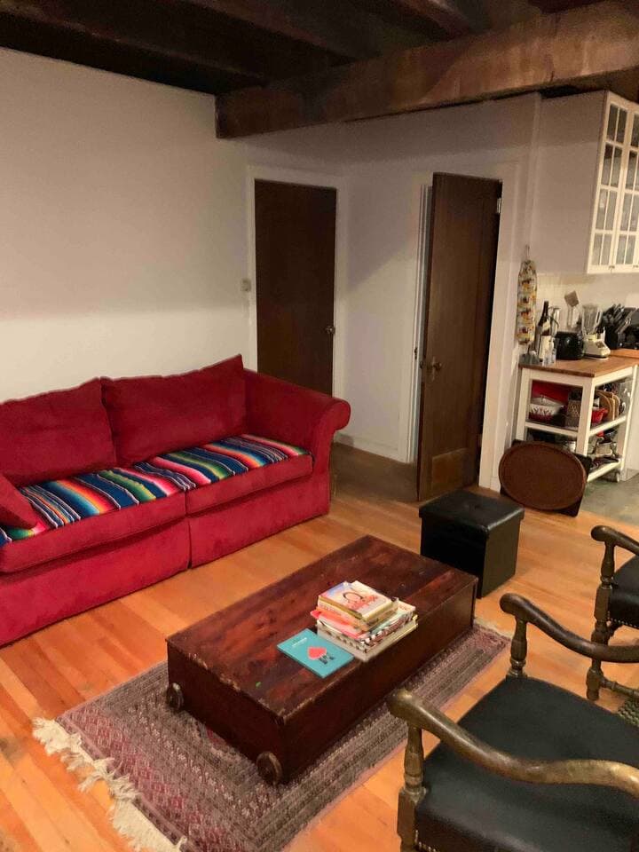 Cozy living room with exposed beams