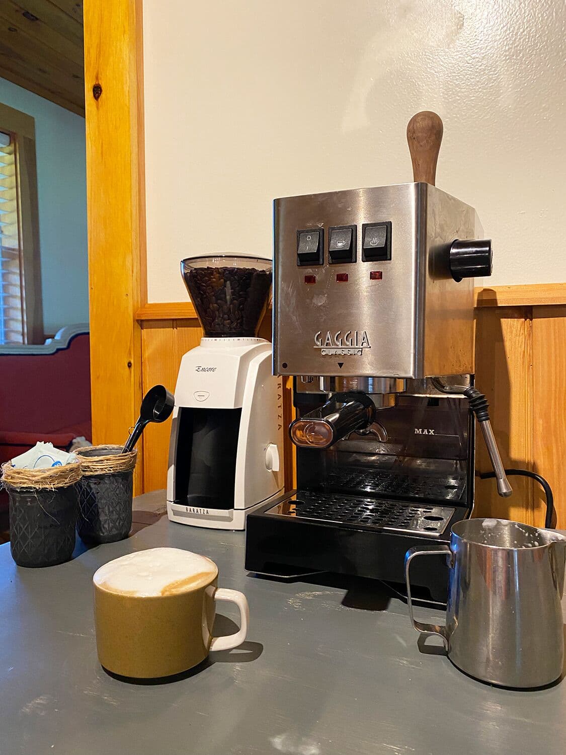 Gaggia Espresso machine, Lavazza Coffee Beans and Grinder.