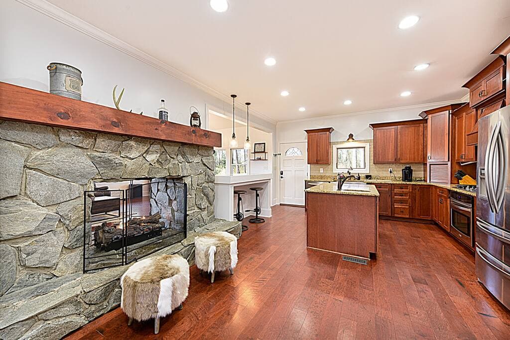 Fireplace facing into the Kitchen