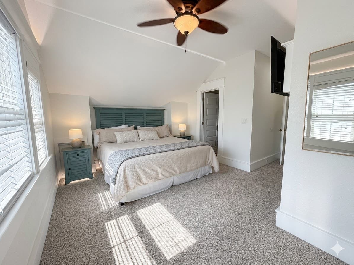 Bedroom 14 — Bright King Suite with Teal Headboard, Vaulted Ceiling & Smart TV | Natural Light & Beach Views | The Mark Twain Estate, Outer Banks
