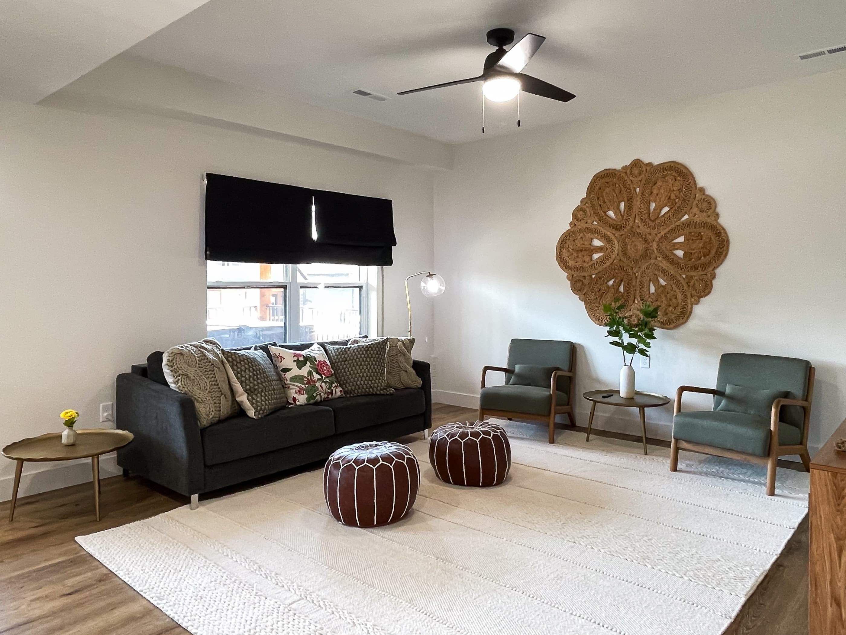 Family room couch and two chairs to sit and talk or watch Tv