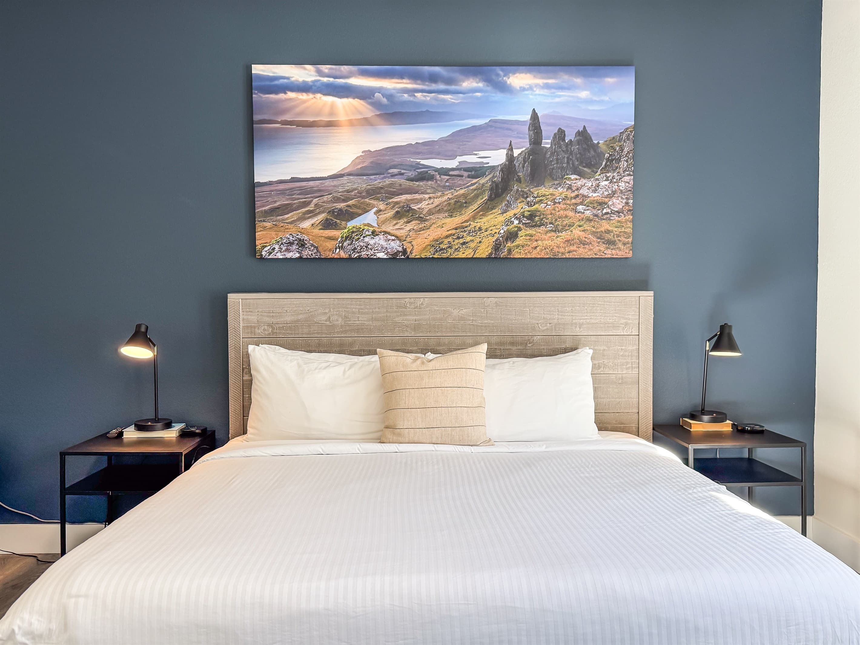 Bedroom 2 (main level, accessible): King bed with two nightstands