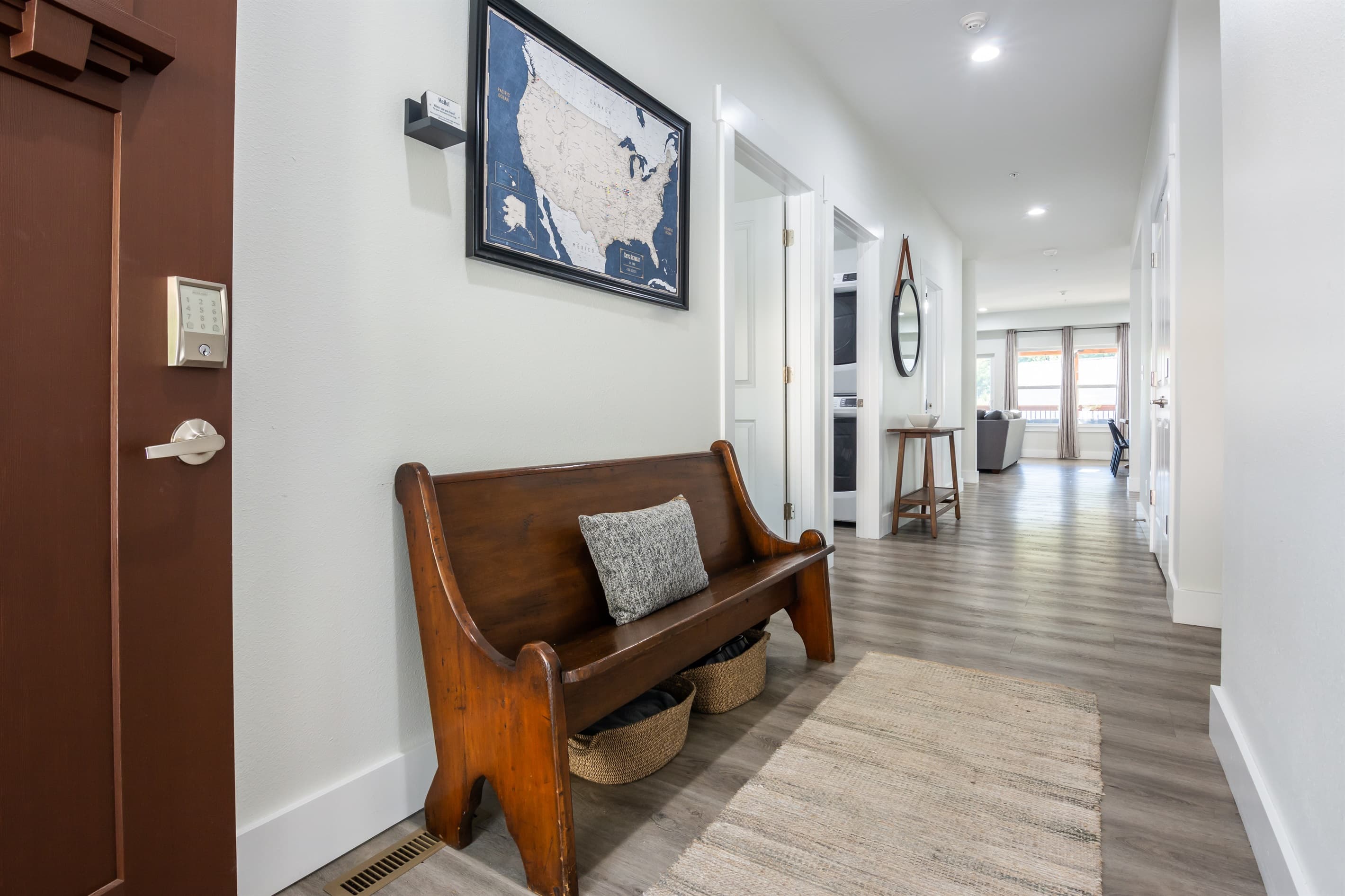 Civil War era church pew and a map to pin your hometown