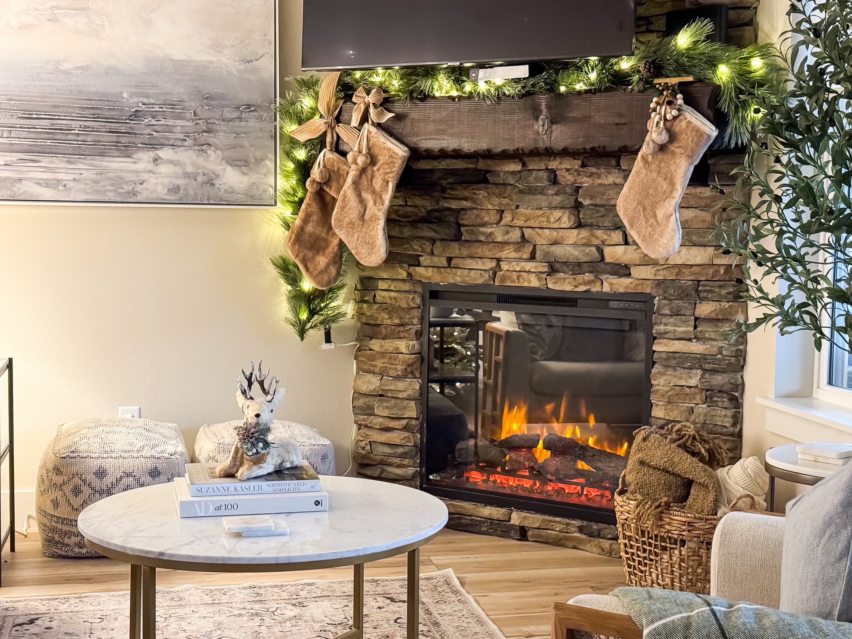 Great room electric fireplace during the holidays!