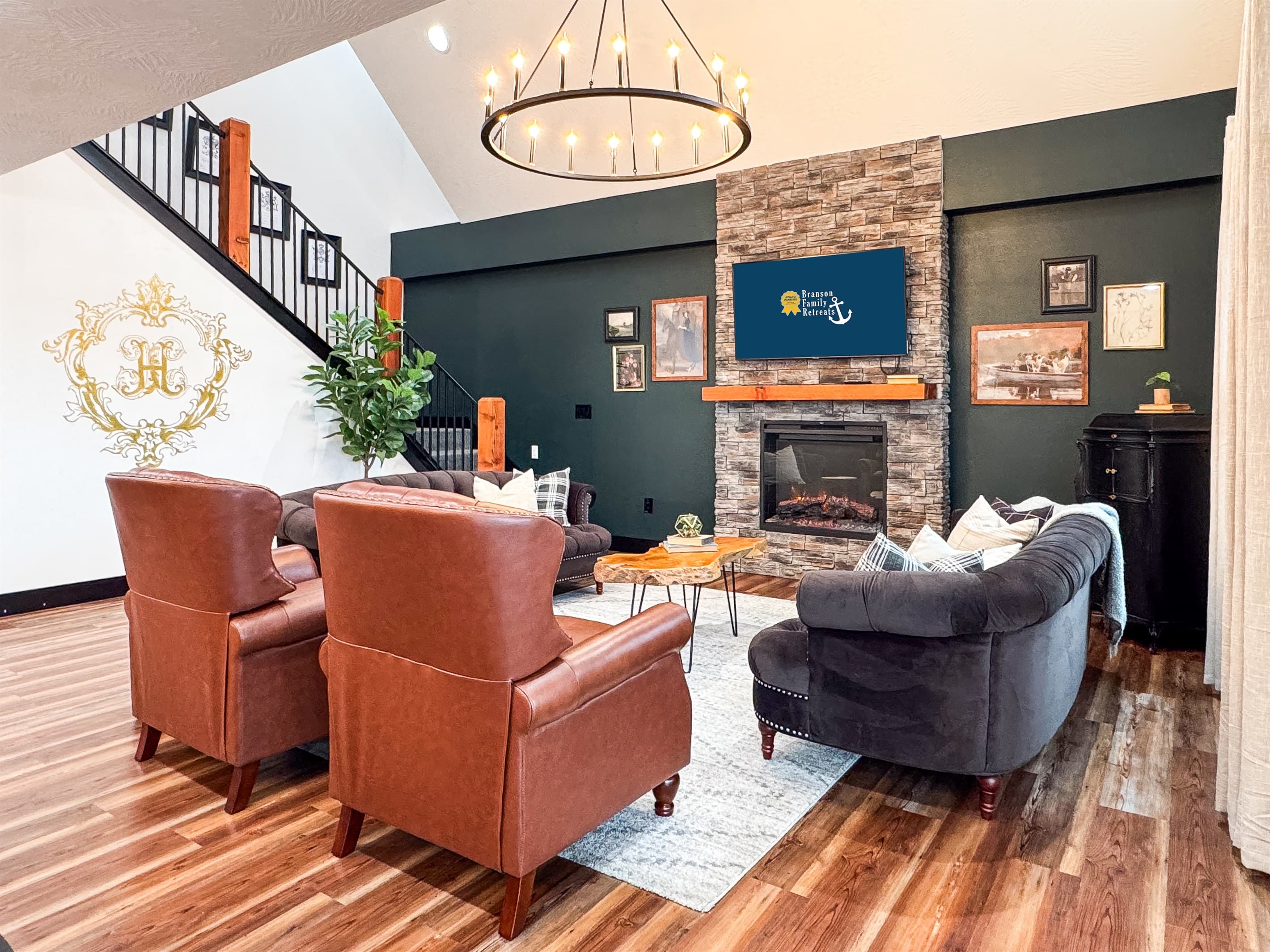 Cozy main level great room with TV and electric fireplace