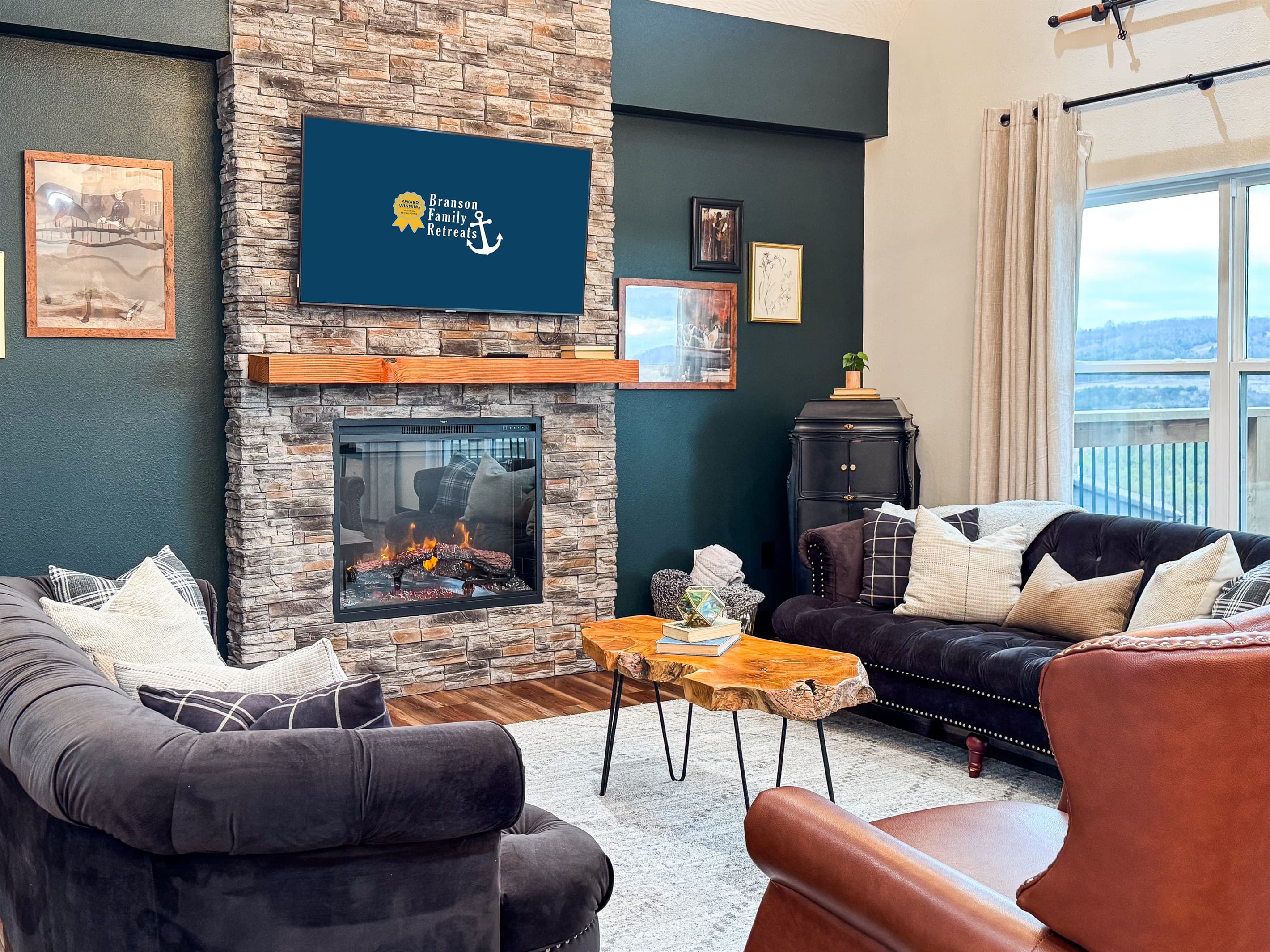 Great room with electric fireplace and eye-catching views
