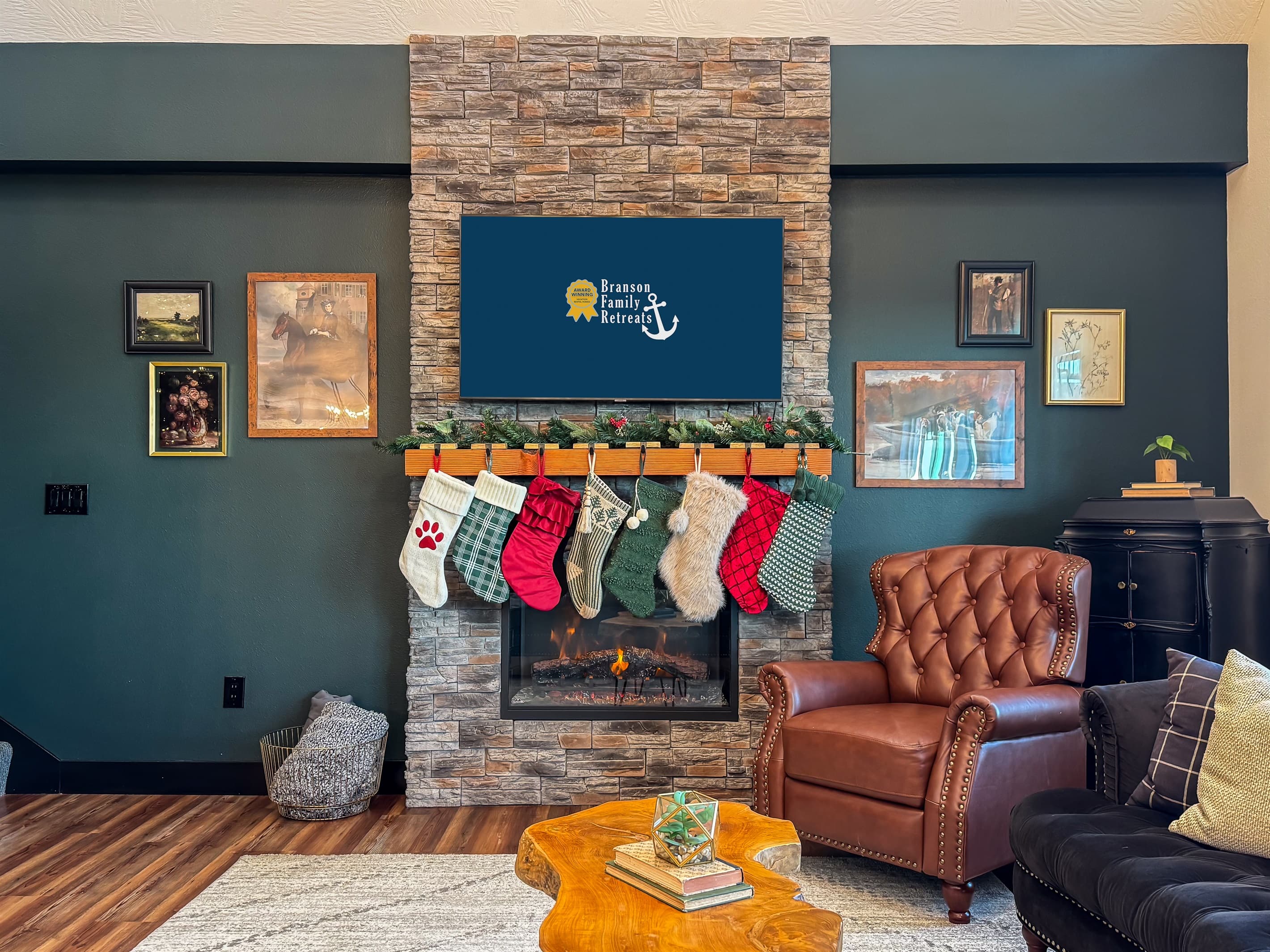 Fireplace and stockings with the leather recliner for picture perfect holidays