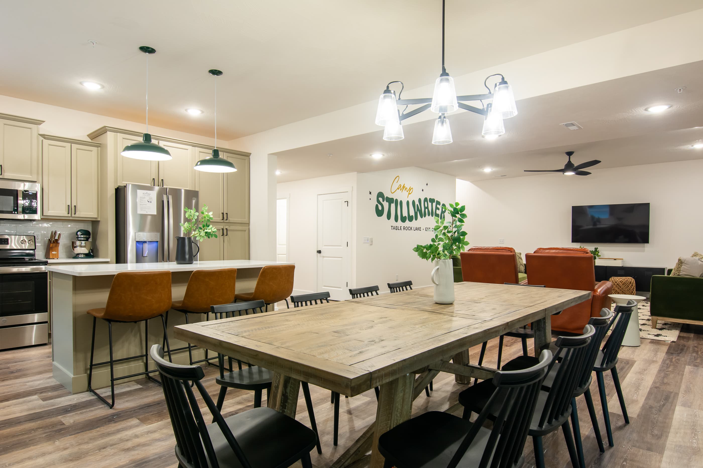 Overview of the dining area, kitchen, and living room