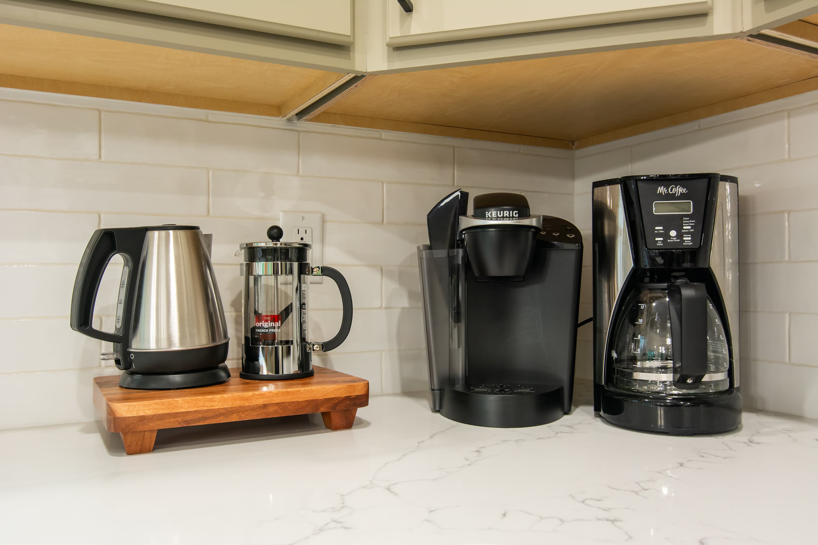 Coffee bar area providing 3 ways to make it