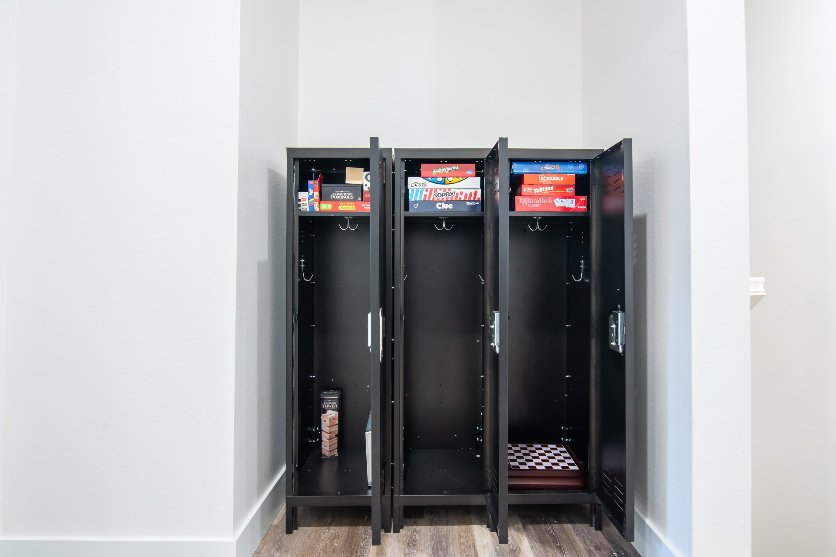 Lockers filled with boardgames to enjoy