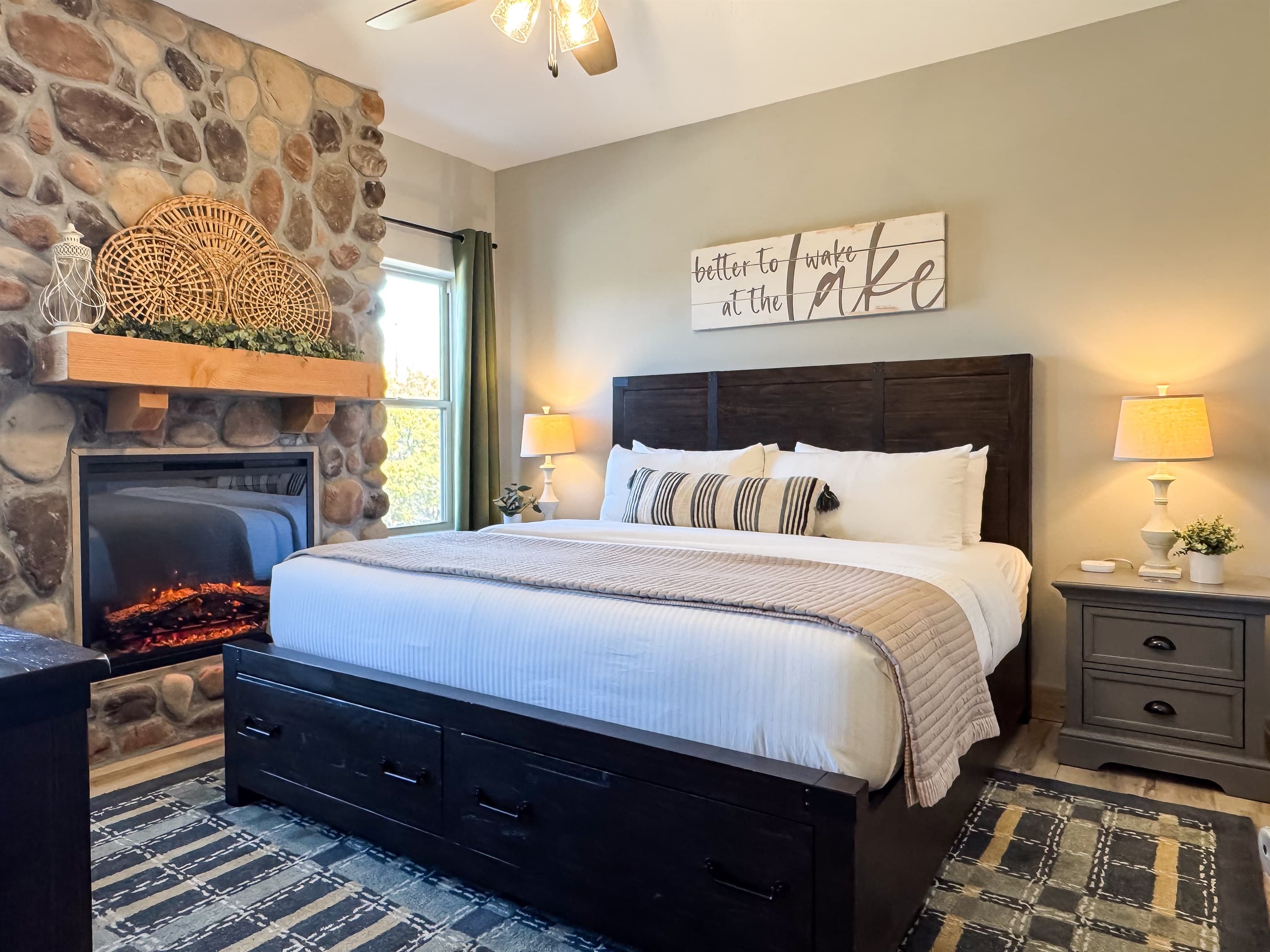Bedroom 3 (lower level) king bed with electric fireplace and two nightstands