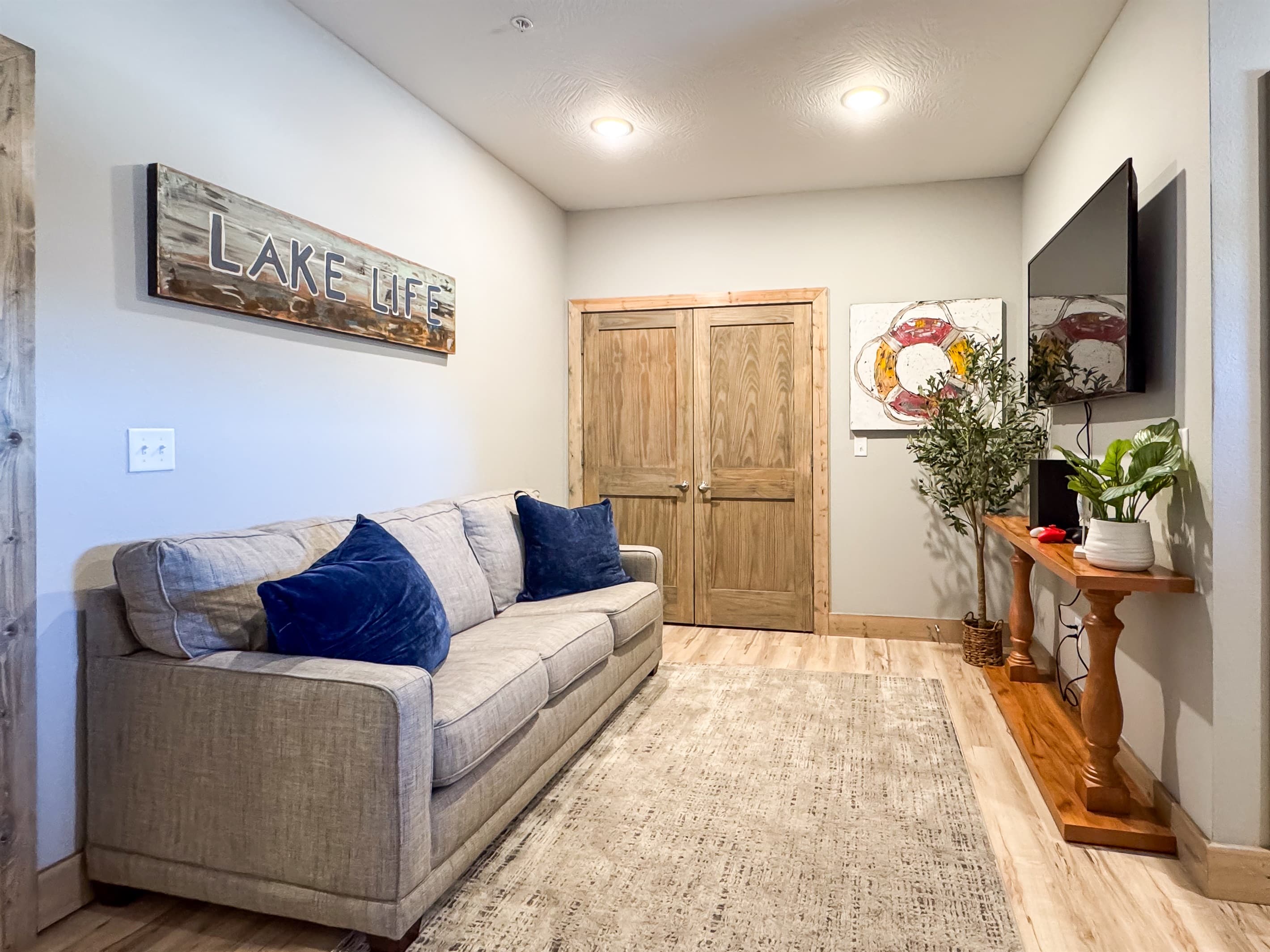 Gaming area seating and Tv with washer and dyer in closet