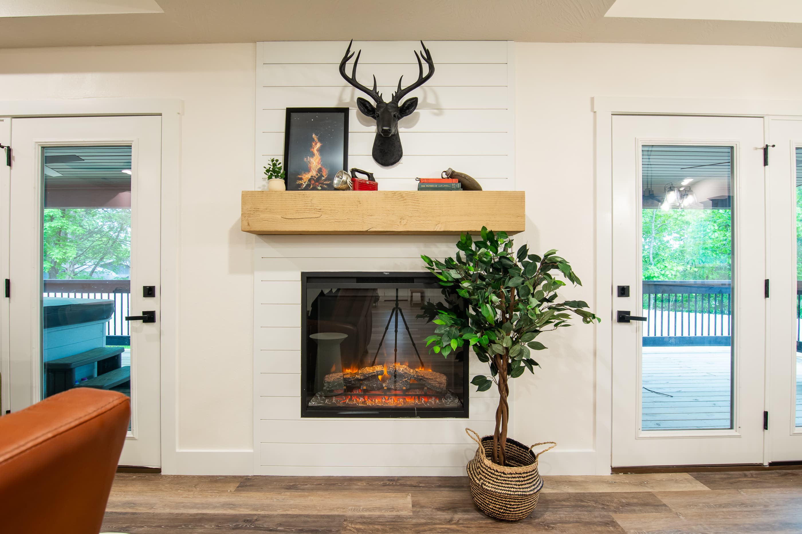 Electric fire place with deck access on both sides