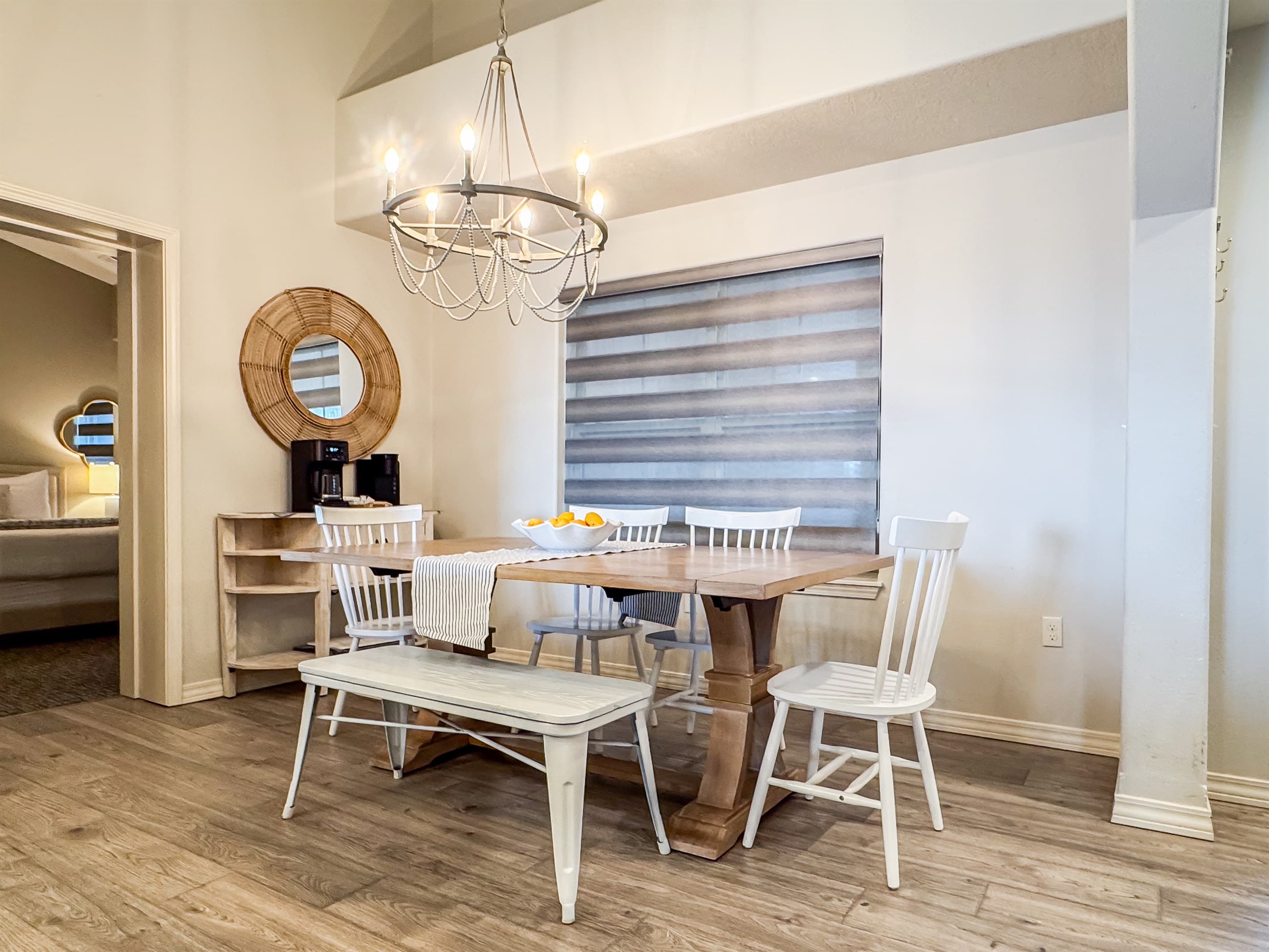 Dining room seating with bench and chairs