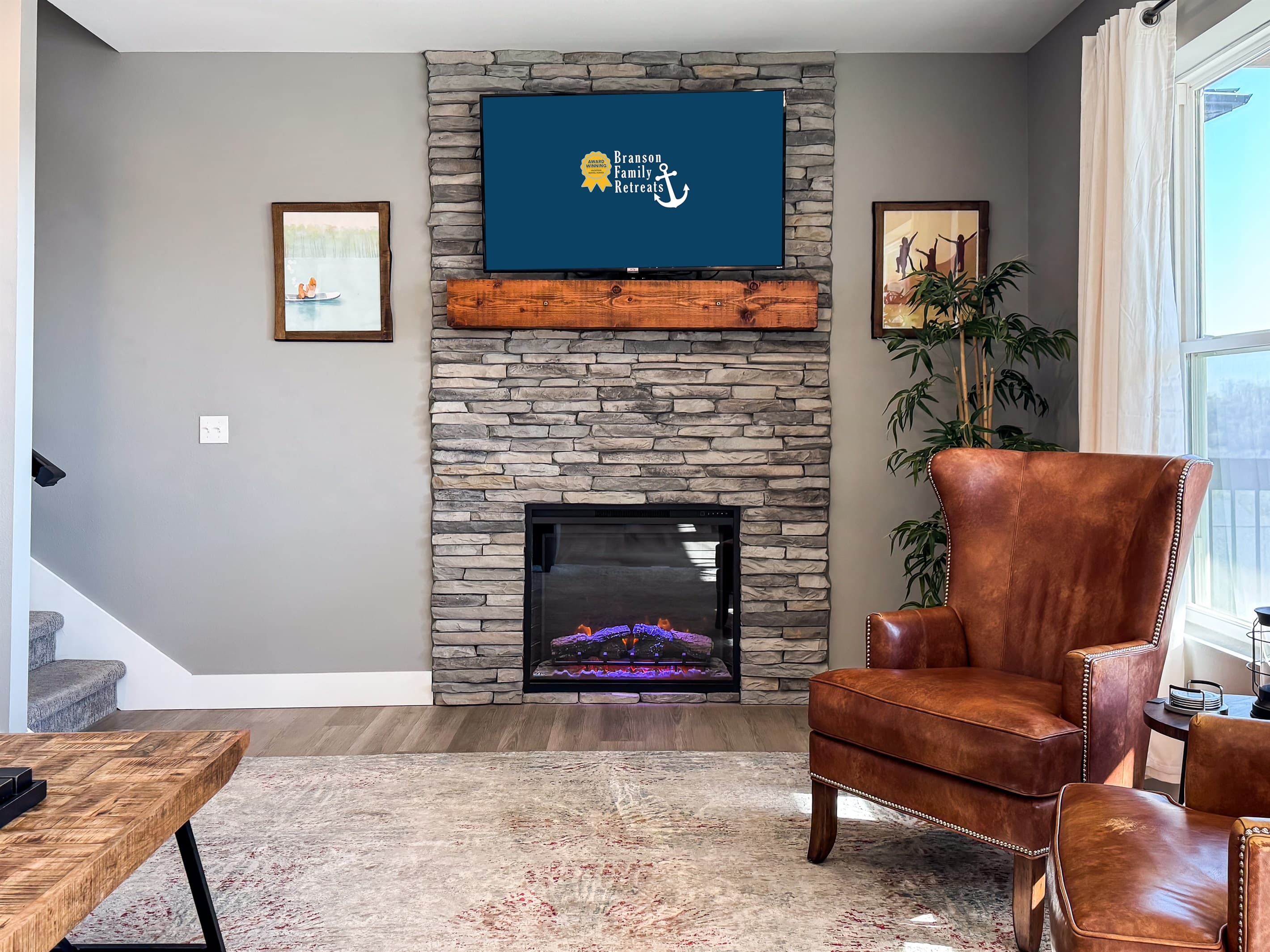 Living room seating with comforts of the electric fireplace