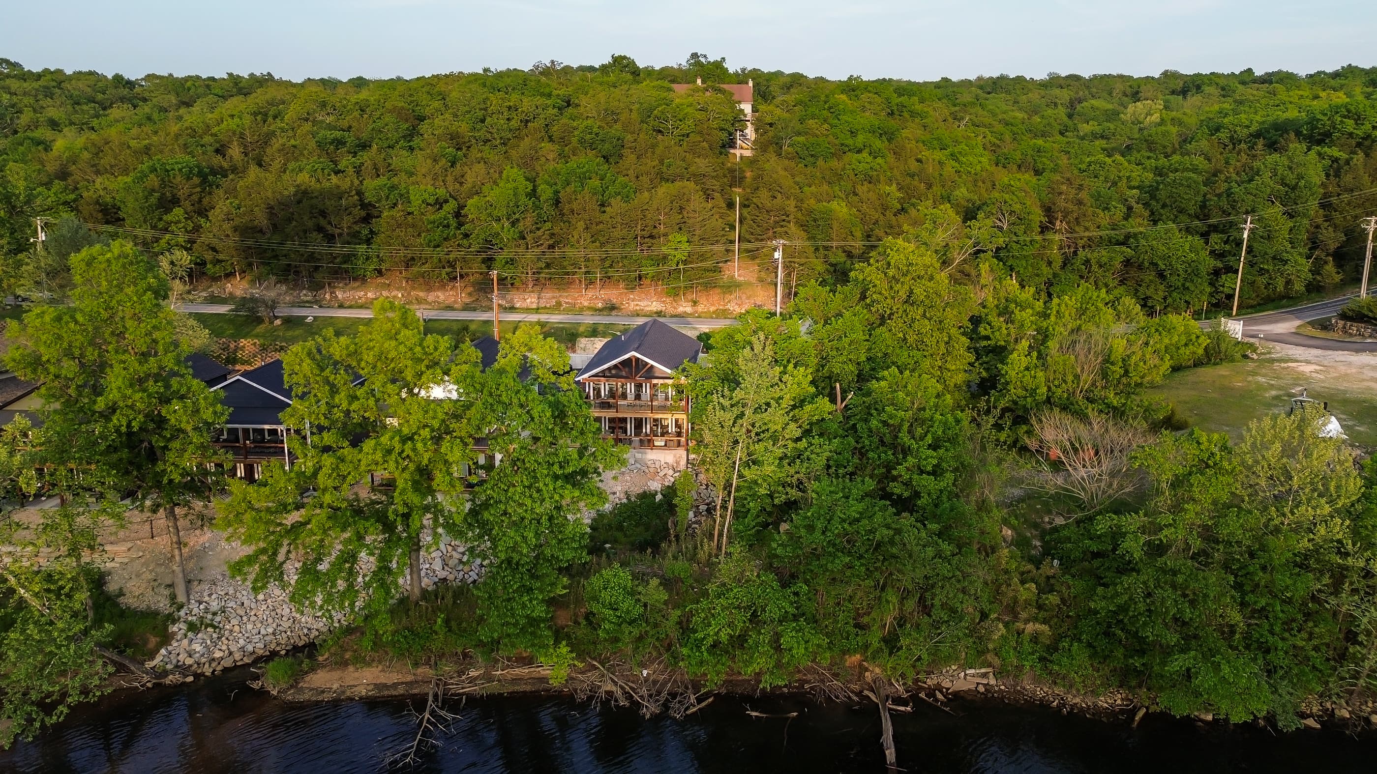 Drone view of the house and lake