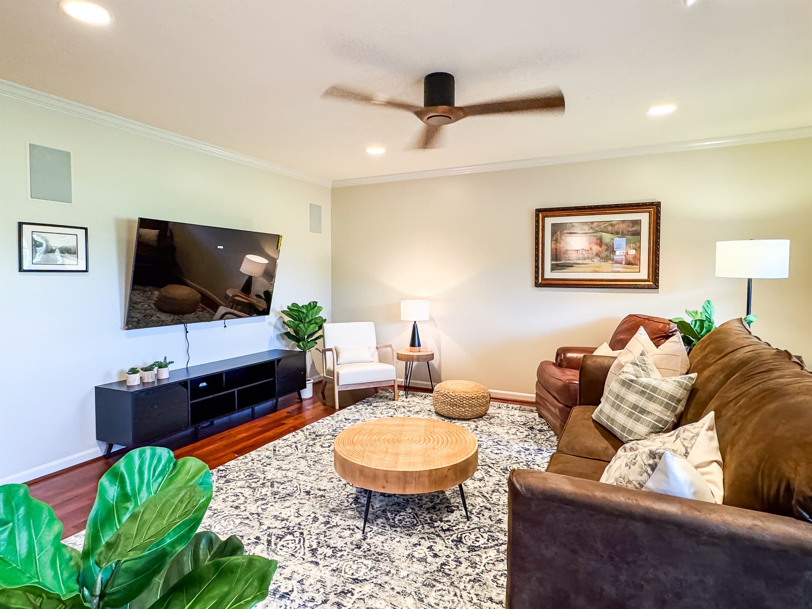 65 inch smart TV in a spacious great room made for gathering and relaxing at Pointer Haus.