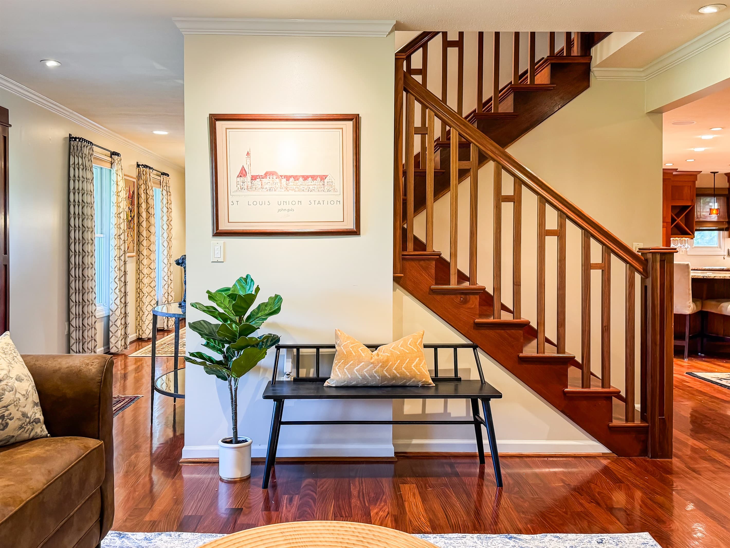 Historical artwork and finishings in the great room at Pointer Haus.